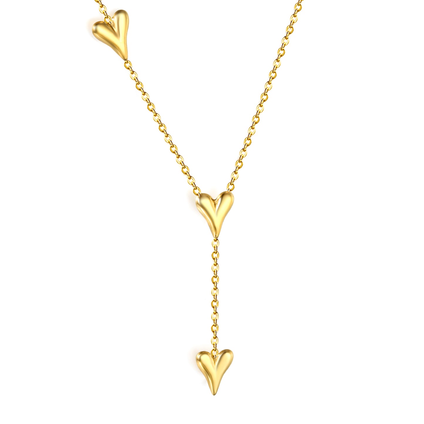 Wholesale Gold Stainless Steel Heart Charm Necklace | 3pcs 8x10.2mm Love Pendants | 40+5cm Adjustable Chain | 6mm Round End Tag | Bulk Jewelry Supplies