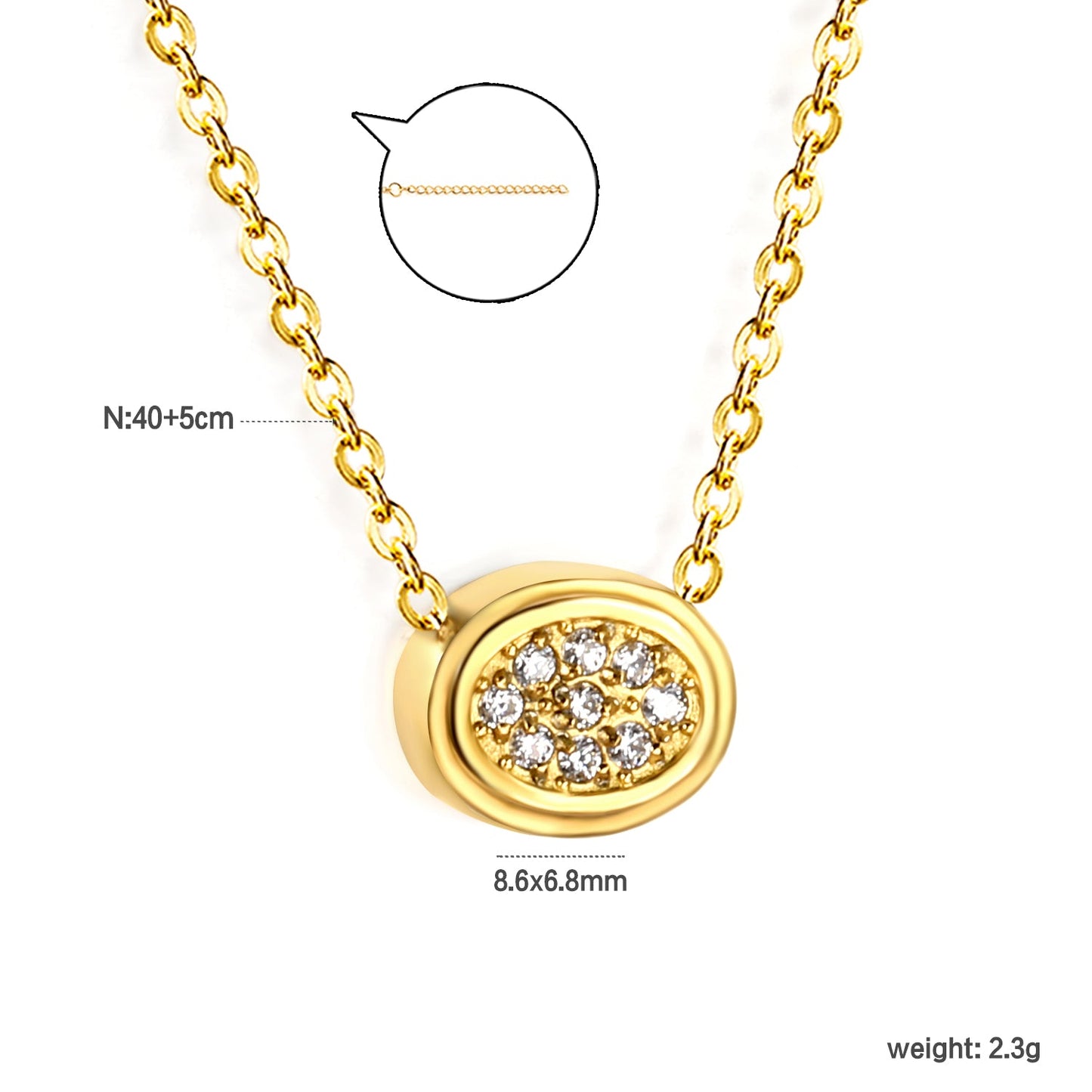 8.6*6.8mm Convex Oval CNC Zirconia Pendant 0.3 Cross Chain 40+5cm+6mm Round Necklace Gold color