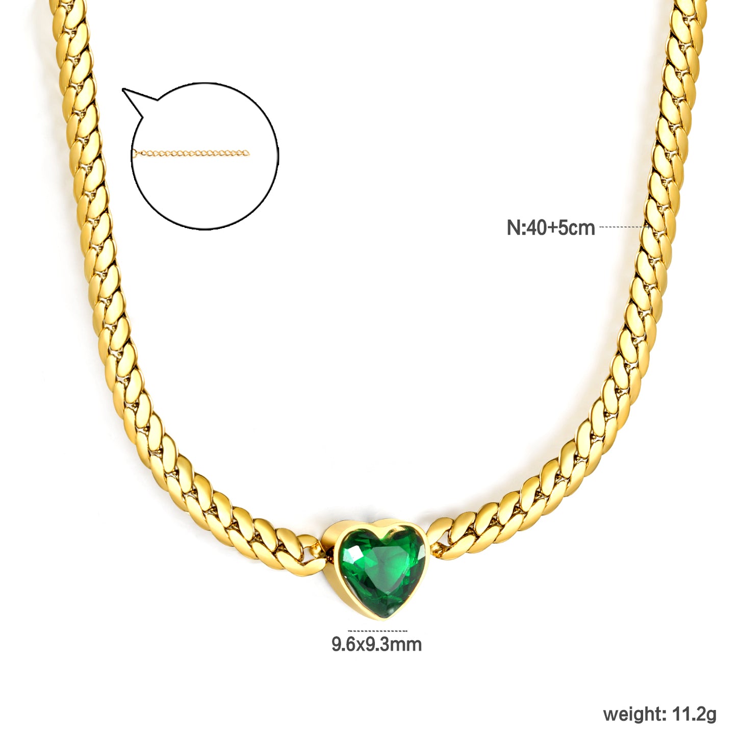 ✨ Wholesale Gold Love Necklace Set - 12.2mm White Zircon & 9.5mm Green Zircon Heart Pendants | 4mm Dragon Chains 40+5cm (11.2g)