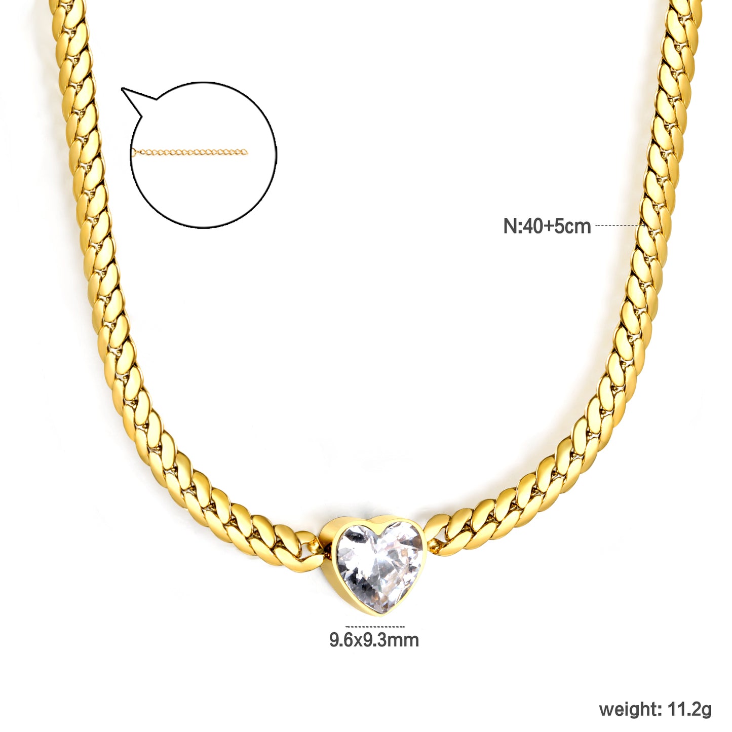 ✨ Wholesale Gold Love Necklace Set - 12.2mm White Zircon & 9.5mm Green Zircon Heart Pendants | 4mm Dragon Chains 40+5cm (11.2g)