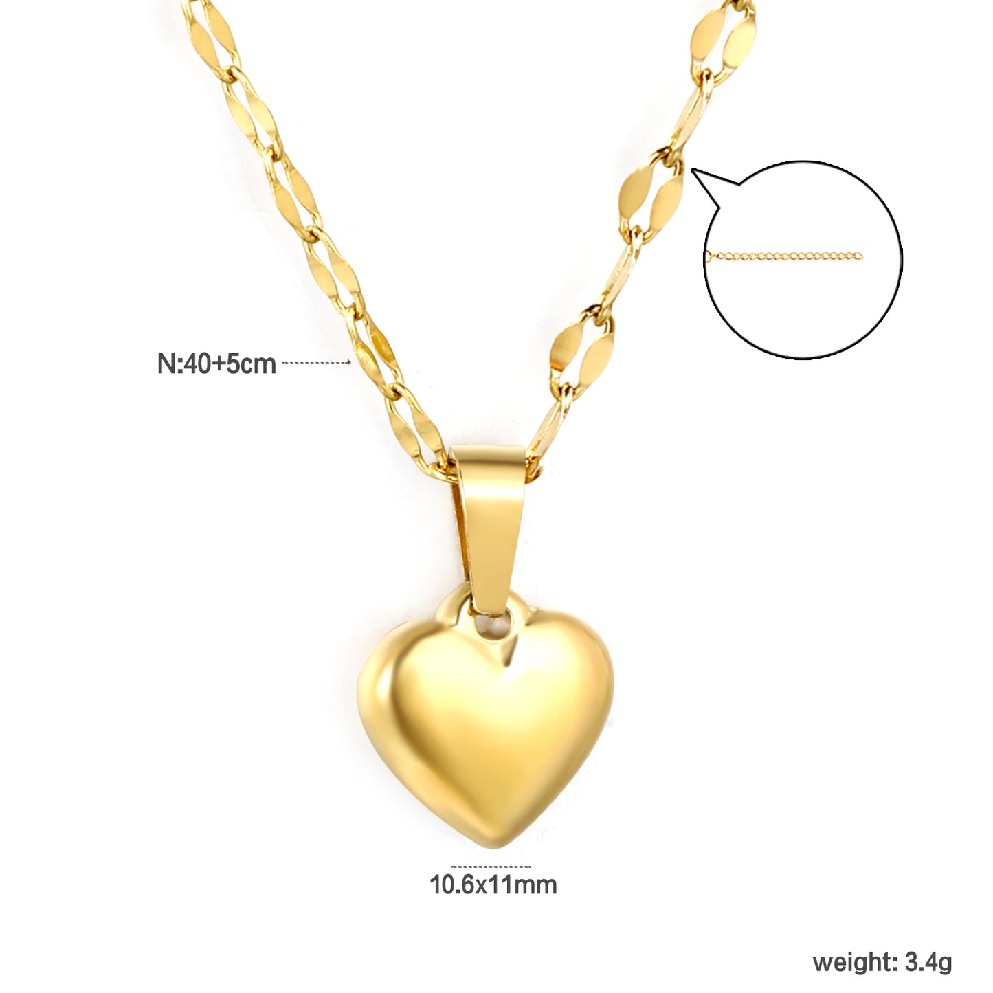 ✨ Wholesale 3D Heart Pendant Necklace - 10.6x11mm Gold Stainless Steel w/ Lip Chain 40+5cm (3.4g)