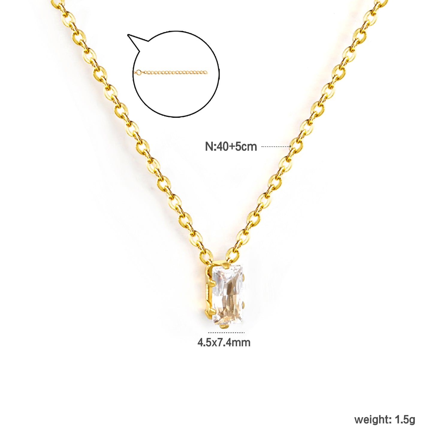 Bulk Gold Square Zirconia Pendant Necklace – 4.5*7.4mm (3 Colors) | 0.3mm Cross Chain | 40+5cm Adjustable | Wholesale Jewelry for Retailers