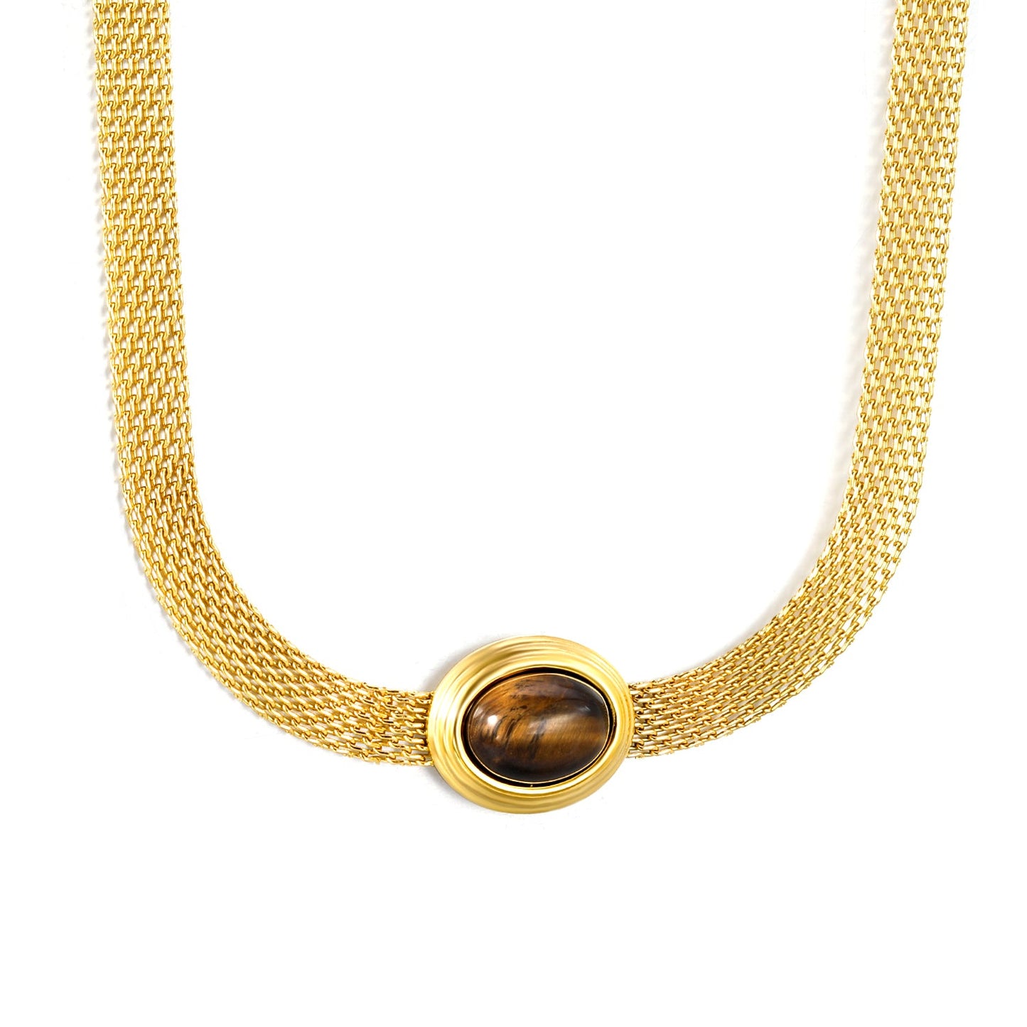 14*17mm Oval with white cat's eye/tiger eye pendant Thick 1*Wide 6mm Mesh Chain 40+5cm+6mm Round Necklace Golden