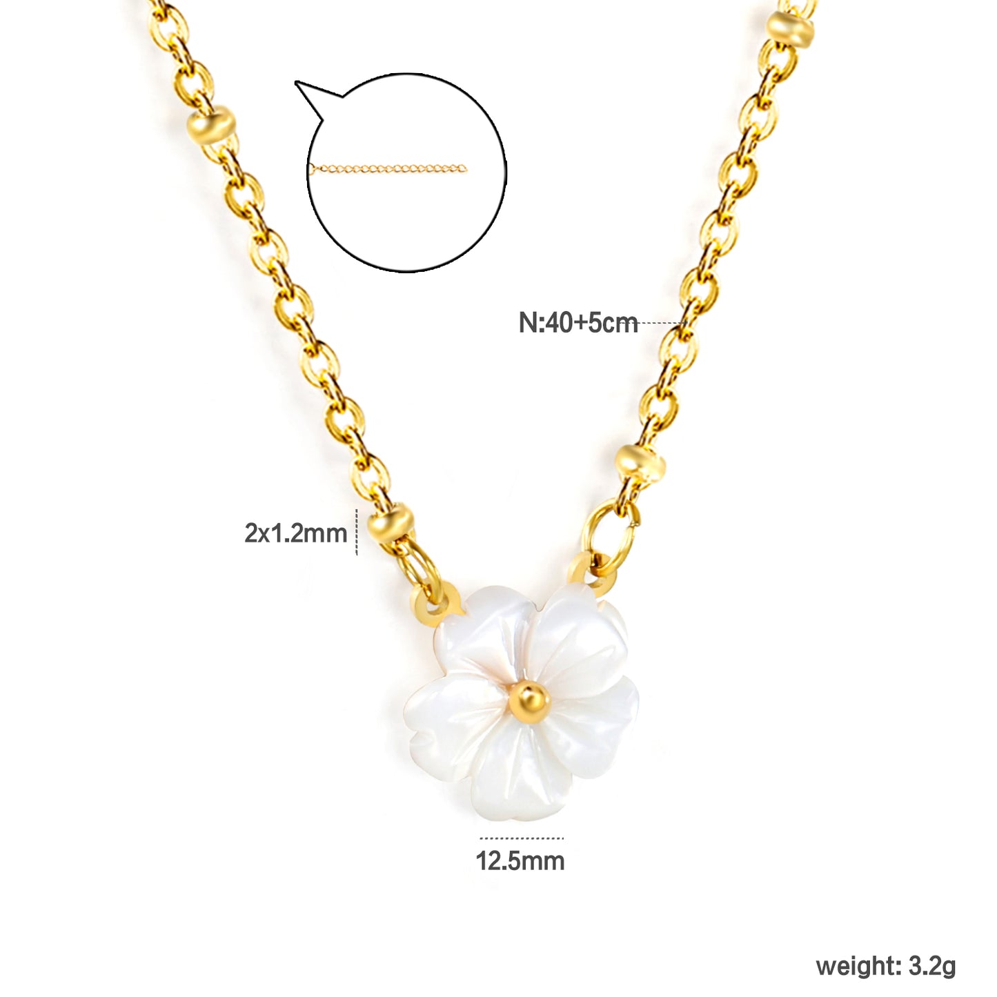 ✨ Wholesale Gold Shell & Floral Beaded Necklace - 2x1.2mm Chain w/ 12.5mm Pendant | Adjustable 40+5cm (3.2g)