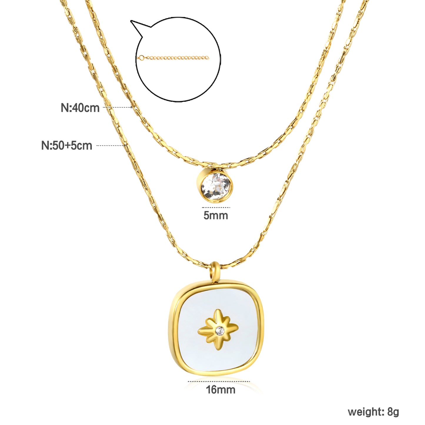 Bulk Double-Layer Gold Necklace Set | 5mm CZ Bar & 16mm Mother-of-Pearl Shell Pendant | 0.9mm Hammered Chains (Adjustable 50+40+5cm)