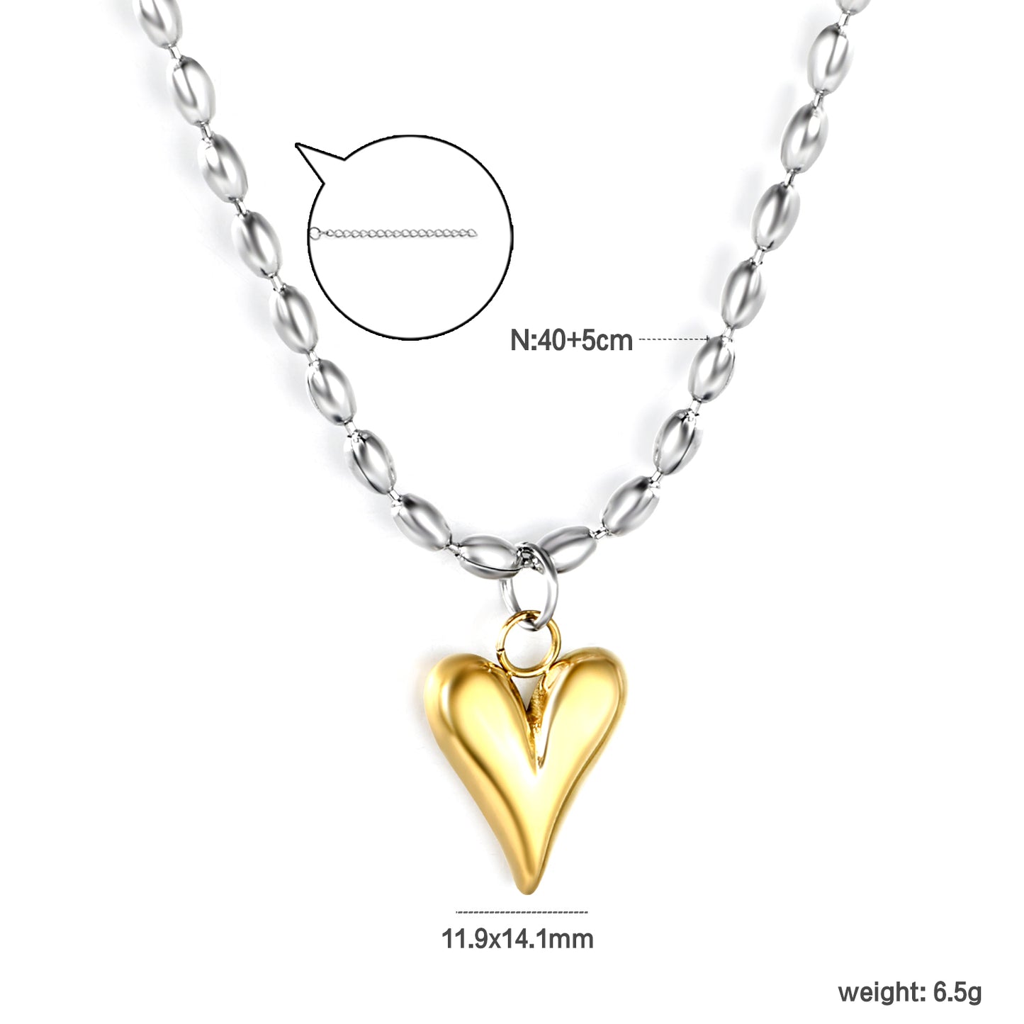 ✨ Minimalist Heart Necklace Wholesale 11.9x14.1mm Pendant | Adjustable Bead Chain | Hypoallergenic Steel Jewelry