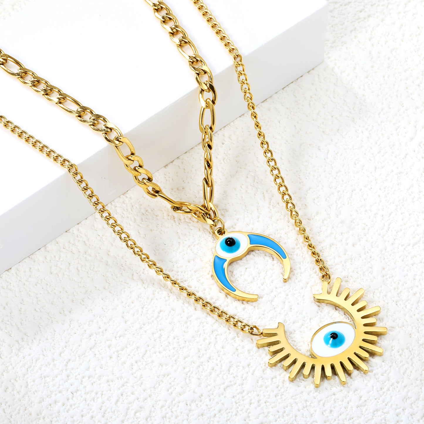 26.5mm Open Sun with White Eyes Accessory + 16mm Inverted C with Blue Drip Oil + White Eyes Accessory Double Chain Necklace 45+40+5cm