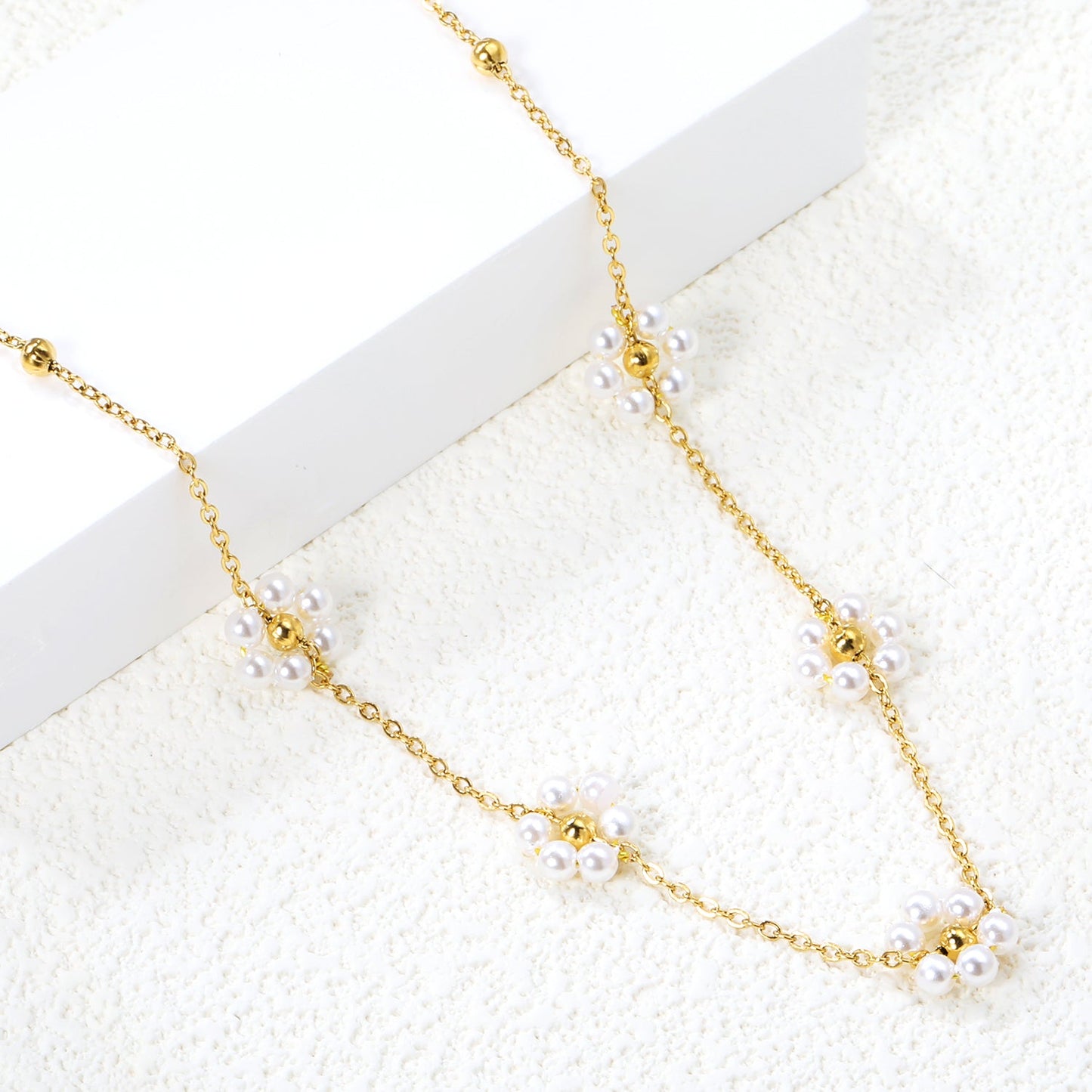 Wholesale 3mm*11 steel beads+5 flowers with white pearl pendant necklace 40+5cm
