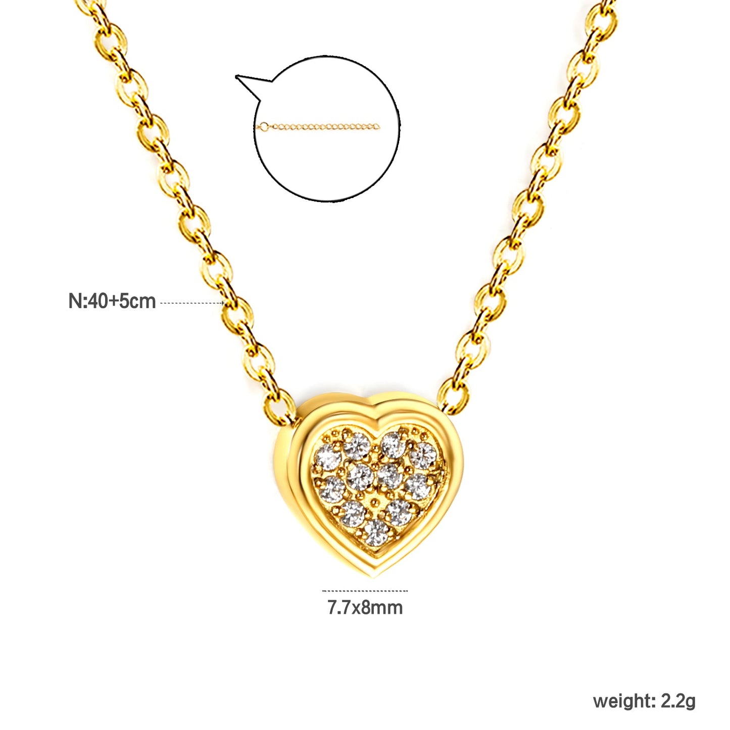 7.7*8mm Convex Heart CNC Zirconia Pendant 0.3 Cross Chain 40+5cm+6mm Round Necklace Golden