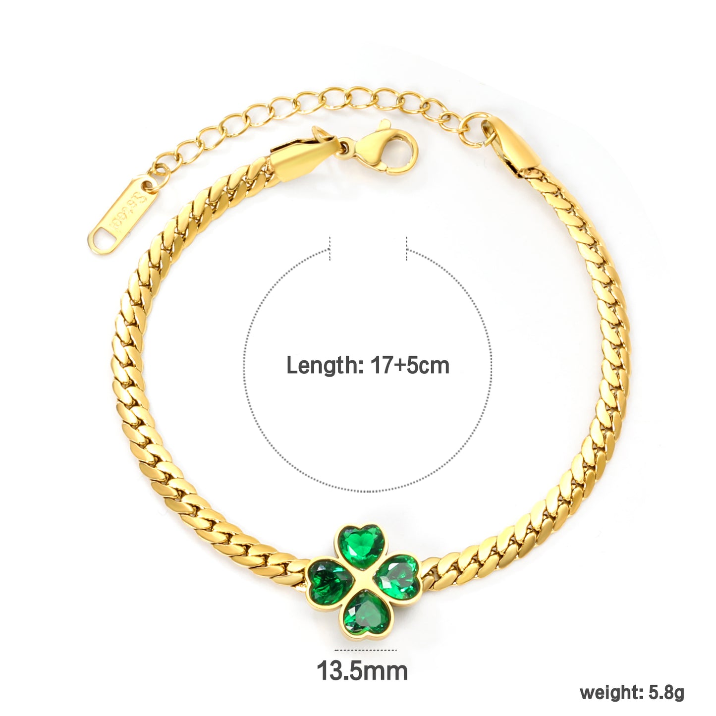 ✨ Wholesale Clover Green Zircon Bracelet - 13.5mm Stainless Steel w/ Dragon Chain 17+5cm (5.8g)