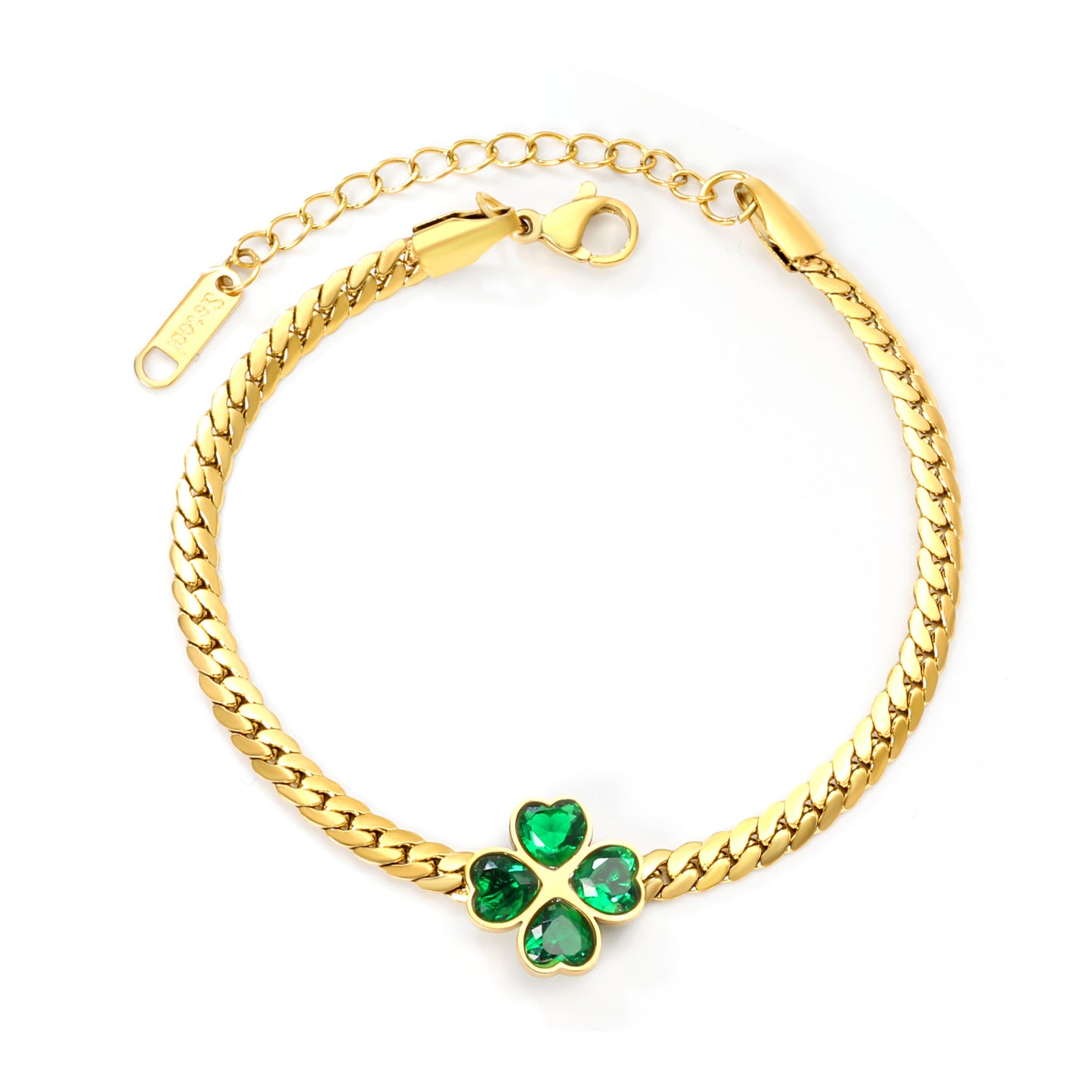 ✨ Wholesale Clover Green Zircon Bracelet - 13.5mm Stainless Steel w/ Dragon Chain 17+5cm (5.8g)