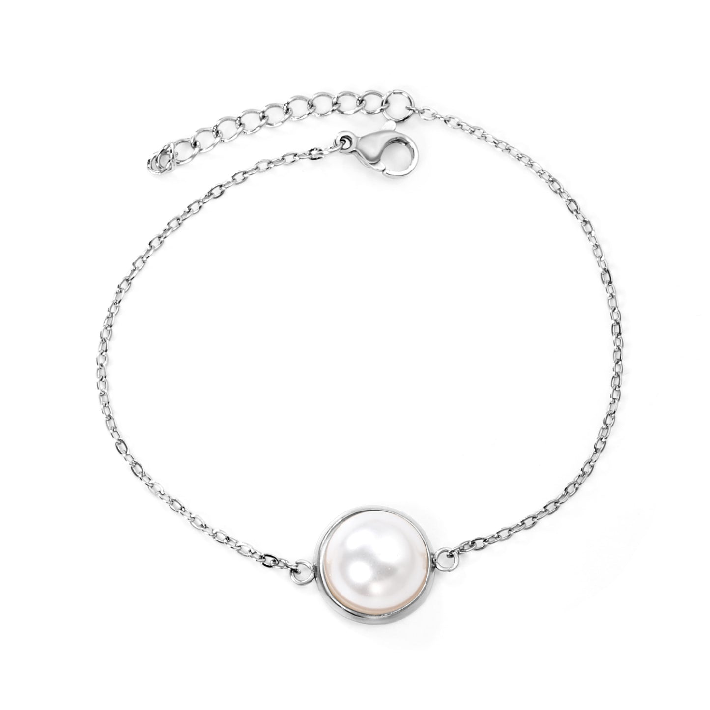 Stainless Steel Steel-Colored 12mm&14mm Round Bracelets with Half Pearl - 16+3cm, Wholesale Offer