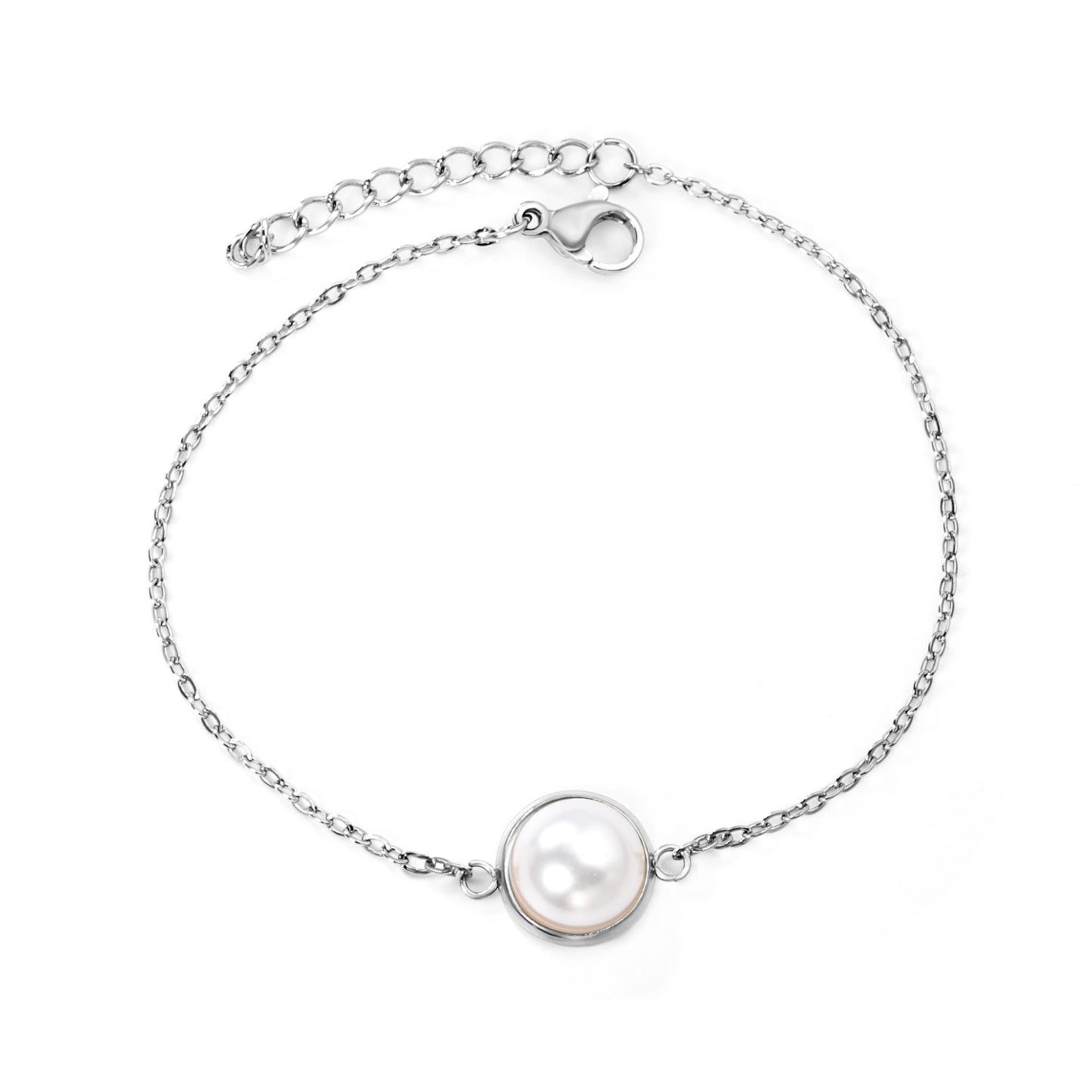 Stainless Steel Steel-Colored 12mm&14mm Round Bracelets with Half Pearl - 16+3cm, Wholesale Offer