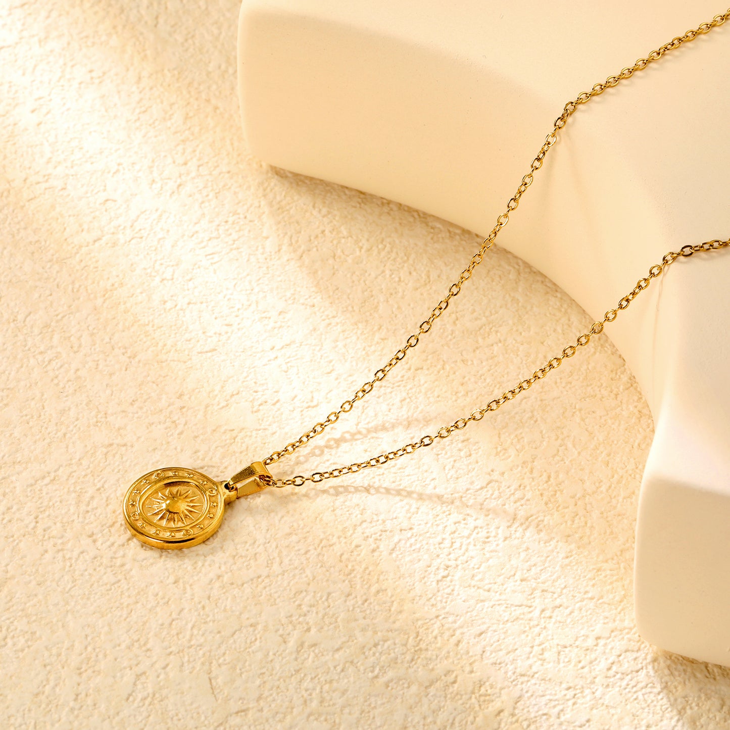 ⨠Wholesale Sun Moon Star Compass Pendant Necklace - 15.4mm Stainless Steel w/ 45+5cm Chain (5.5g)