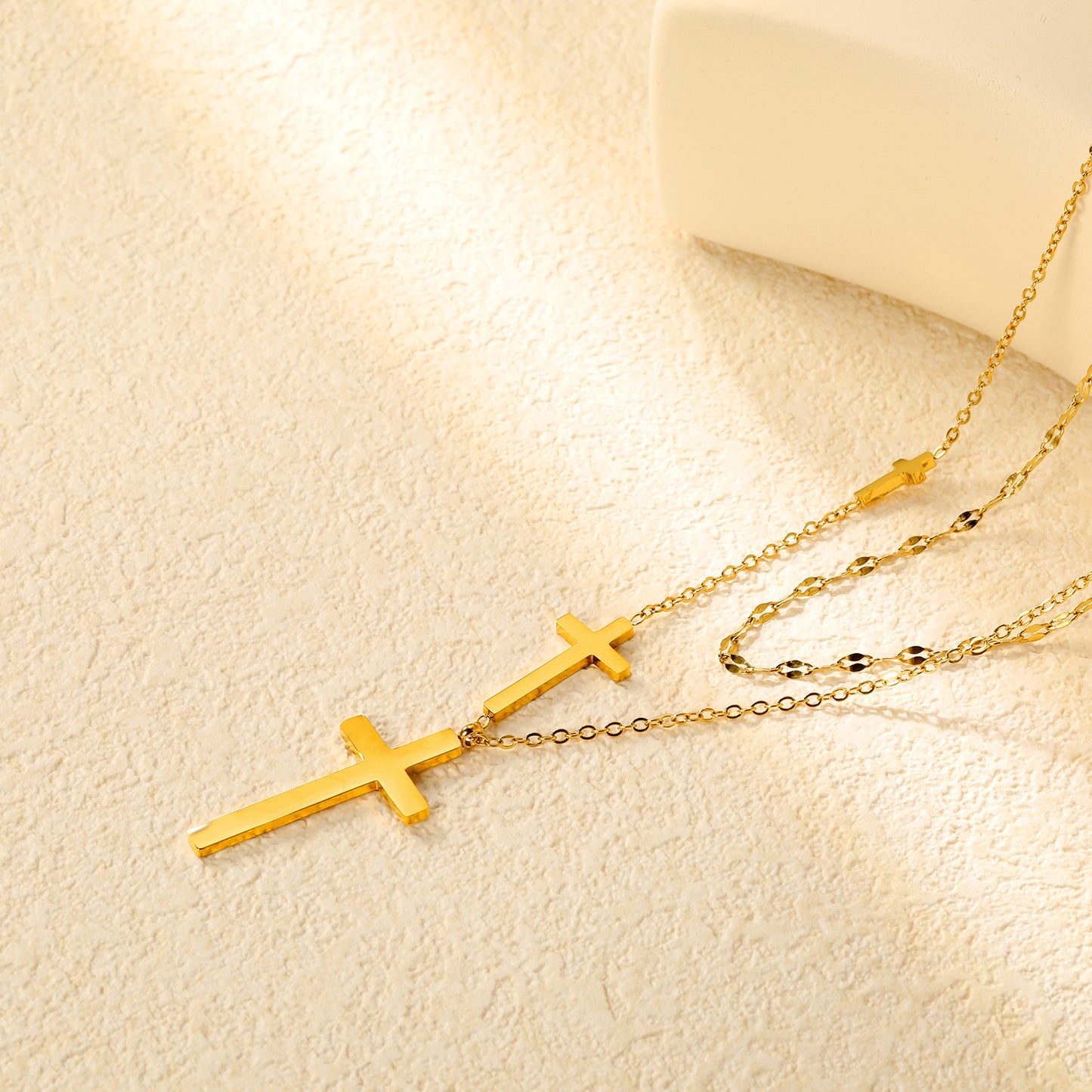✨Wholesale Gold Cross Necklace Set 3-Piece Layered (5-31.3mm) + 18.8mm Crucifix | 40+5cm & 45+5cm Chains | Stainless Steel Bulk