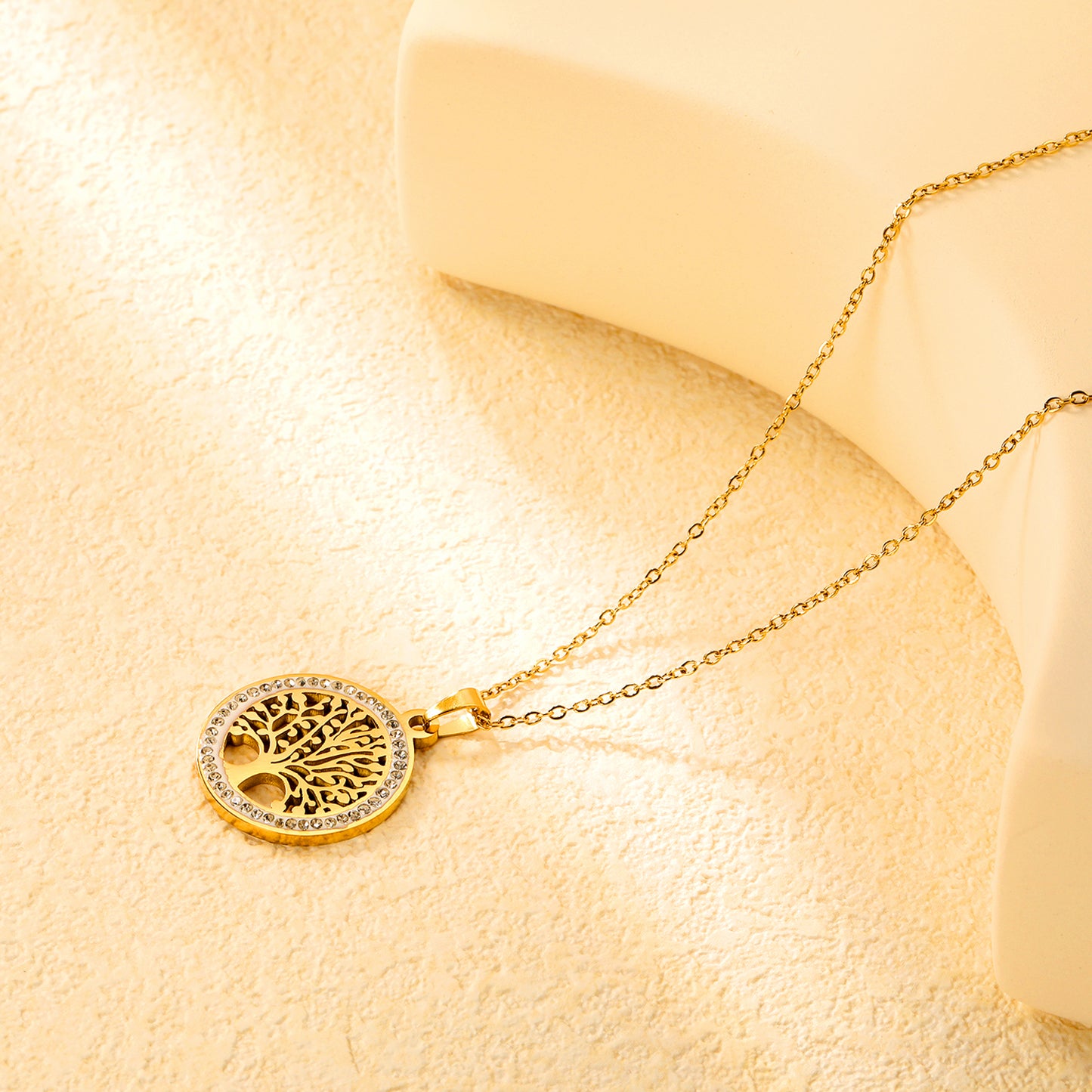 ✨ Wholesale Tree of Life Pendant Necklace - 21.9mm Hollow Circle w/ White Zircon | 40+5cm Stainless Steel Chain (5g)