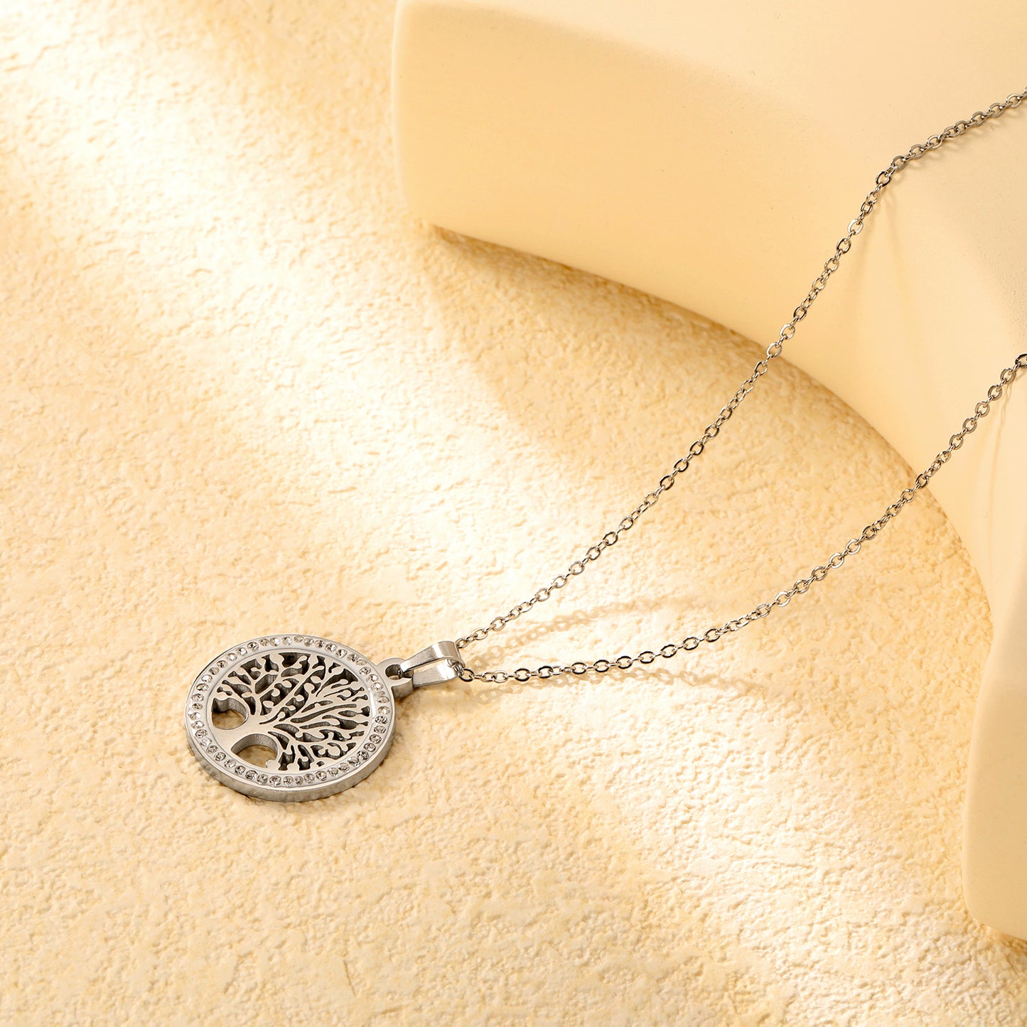 ✨ Wholesale Tree of Life Pendant Necklace - 21.9mm Hollow Circle w/ White Zircon | 40+5cm Stainless Steel Chain (5g)