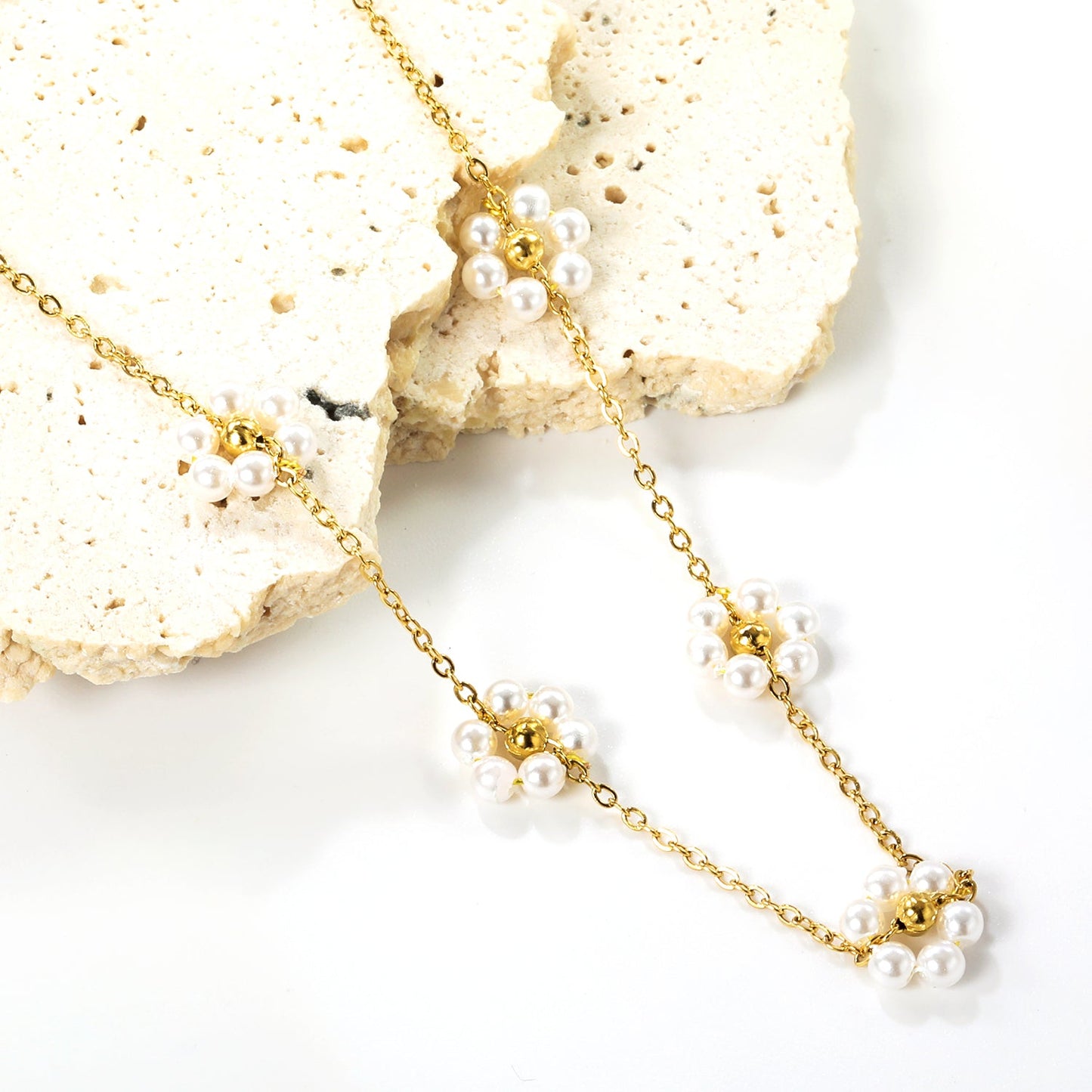 Wholesale 3mm*11 steel beads+5 flowers with white pearl pendant necklace 40+5cm