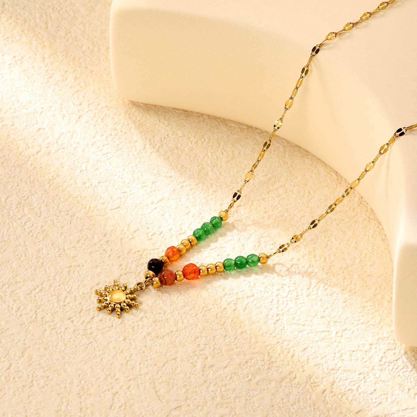 ✨ Boho Beaded Necklace Wholesale 11.2mm Sun Charm + 3mm Spacers | Adjustable 40+5cm Chain | Natural Stone Jewelry