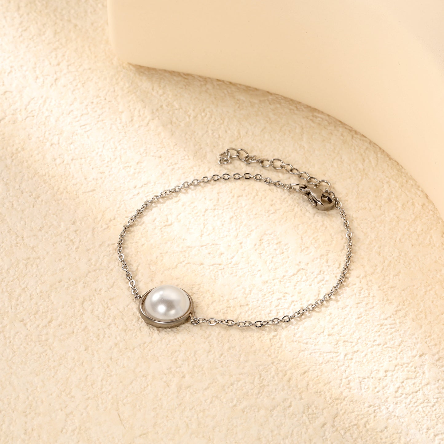 Stainless Steel Steel-Colored 12mm&14mm Round Bracelets with Half Pearl - 16+3cm, Wholesale Offer