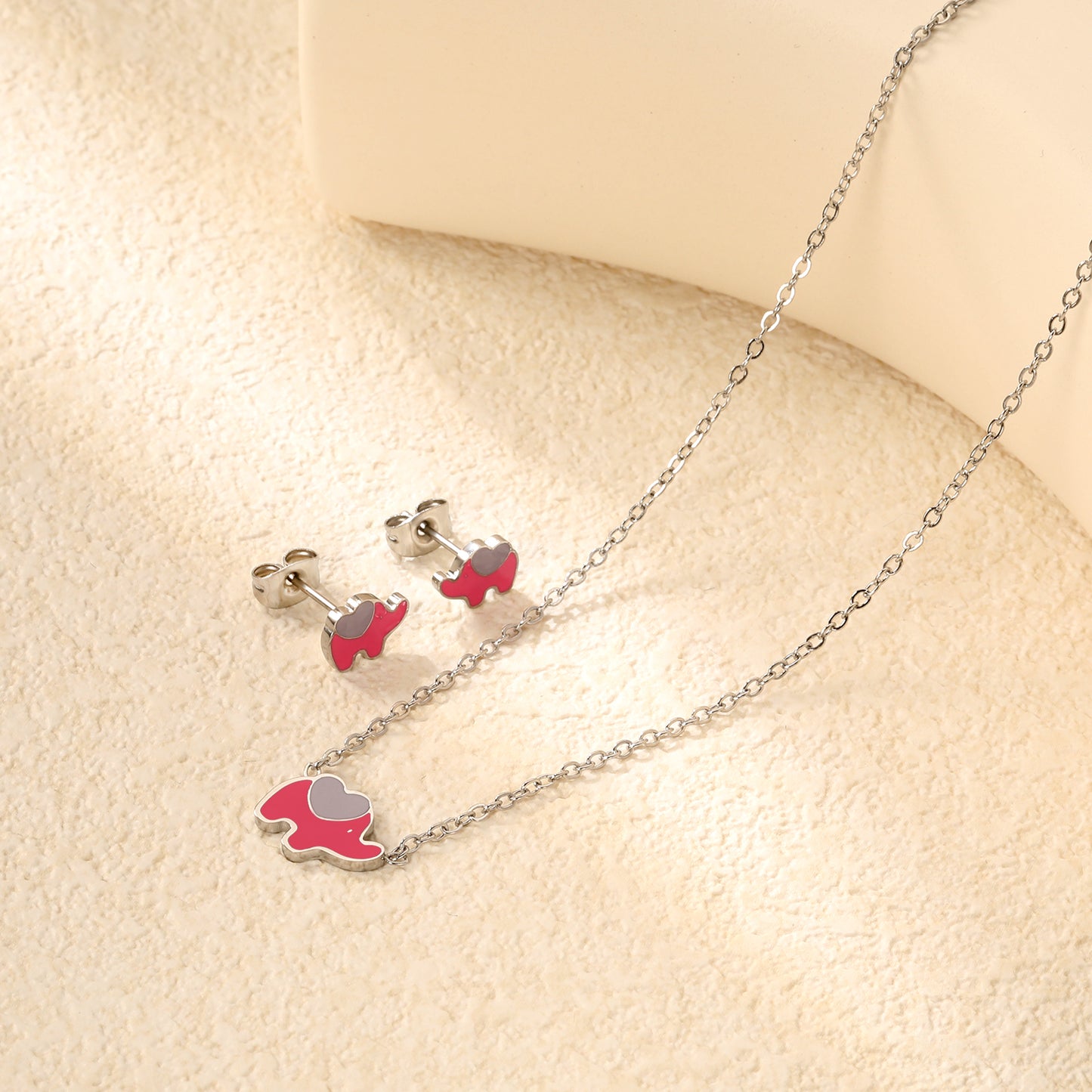 8.6x6.4mm Pink Enamel Elephant Stud Earrings + 12.2x9mm Pendant Set - 0.3mm Chain (45+5cm) & 6mm Round Tag - Stainless Steel Wholesale Jewelry