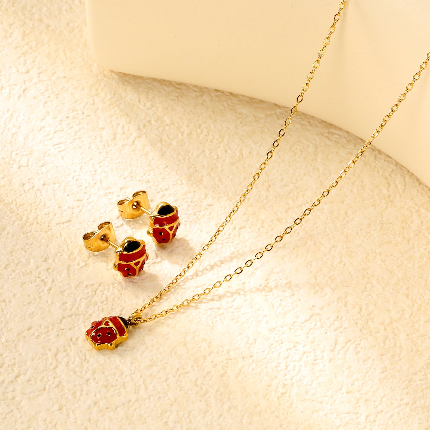 Wholesale Cute Ladybug Set - Stainless Steel Earrings & Pendant Necklace (4g) | Spring-Summer Bulk Collection