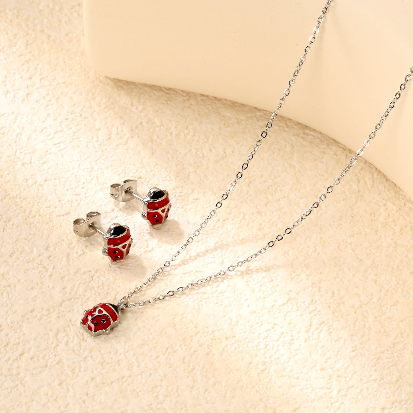 Wholesale Cute Ladybug Set - Stainless Steel Earrings & Pendant Necklace (4g) | Spring-Summer Bulk Collection