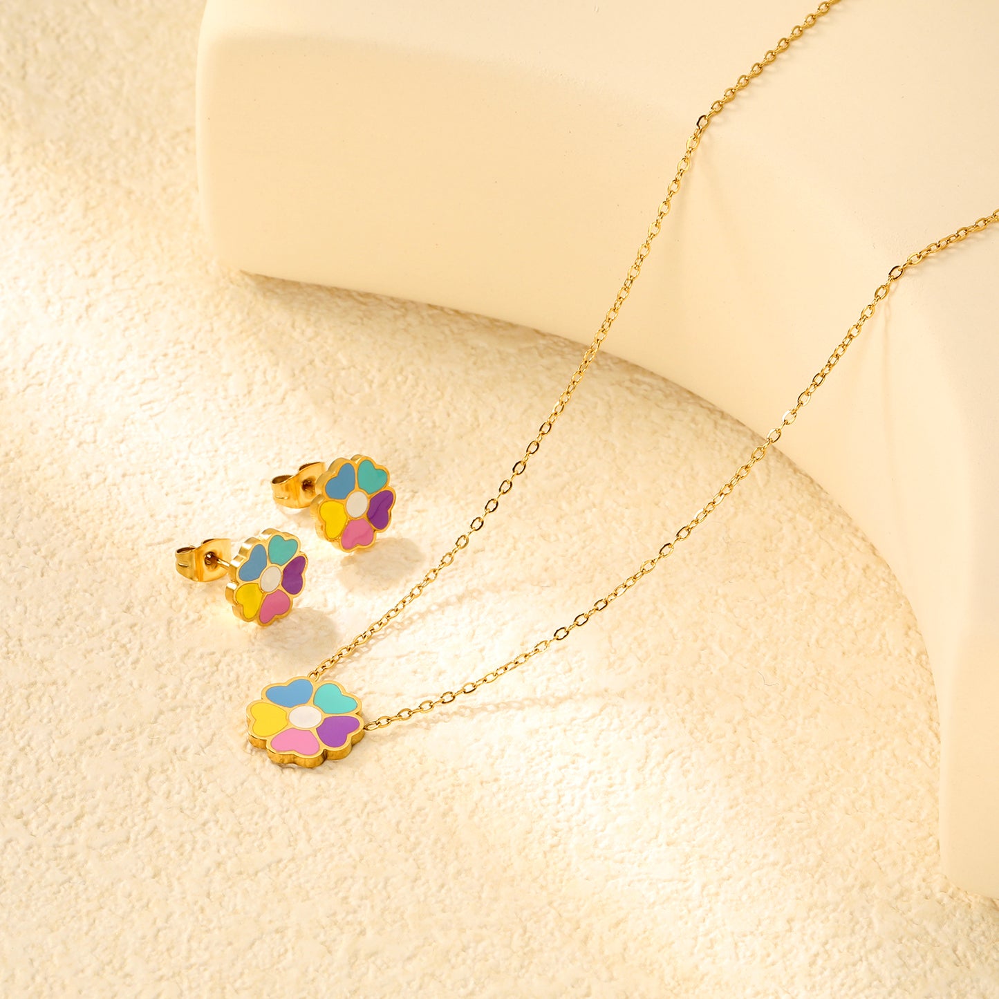Bulk Colorful Flower Set Gold-Tone Stainless Steel Earrings & Necklace (4.3g) | Spring-Summer Wholesale Collection