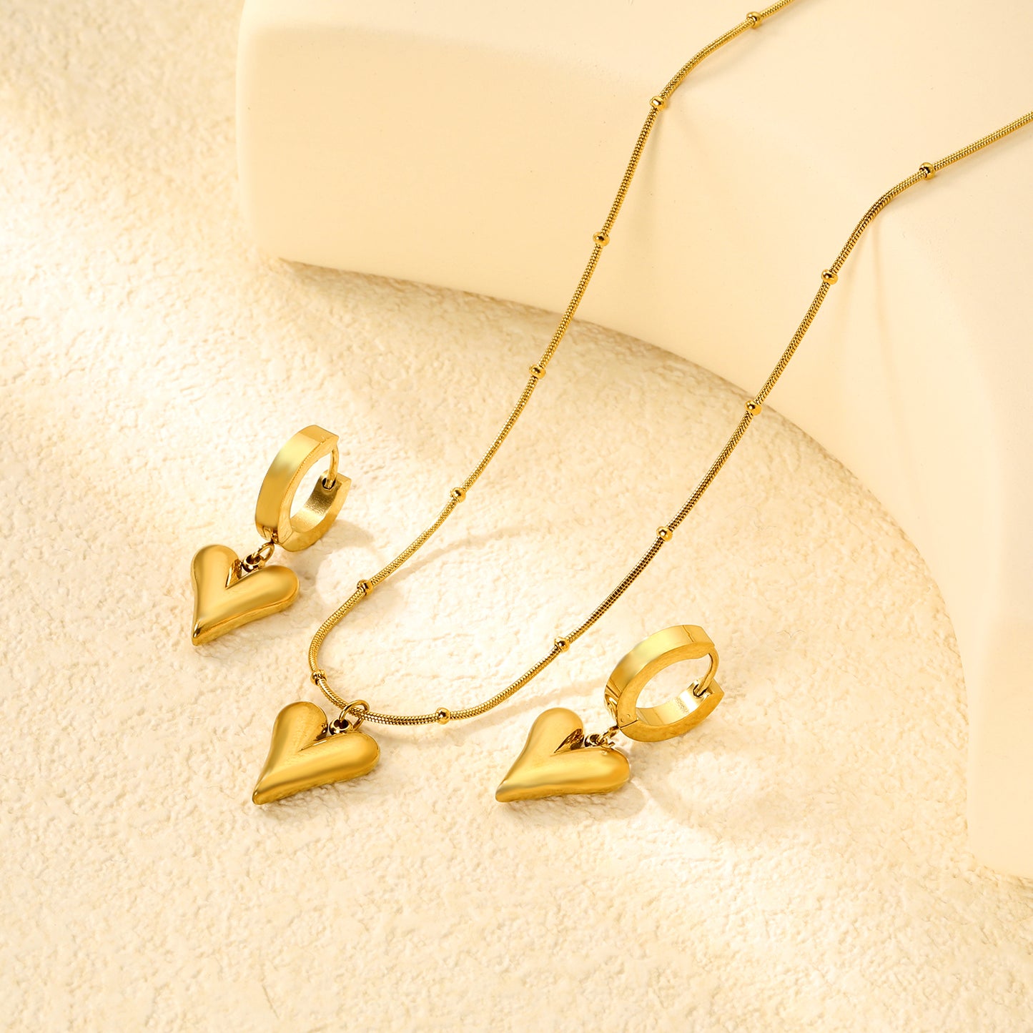 ✨ Wholesale Sharp Point Heart Earrings & Pendant Set 12.1x14.7mm | 42+5cm Snake Chain | Stainless Steel Jewelry Bulk