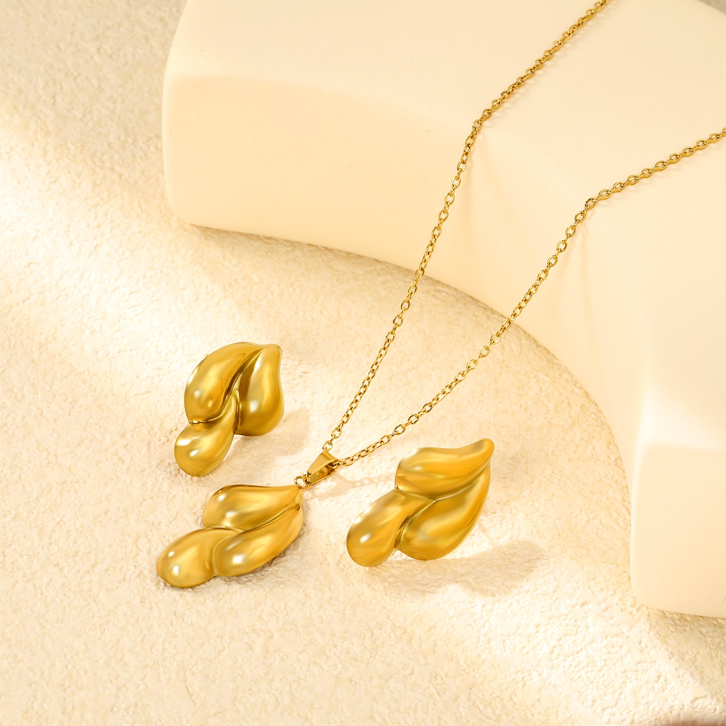 Wholesale Stainless Steel 3D Teardrop Jewelry Set - Gold Earrings (17.9x29.5mm) & Pendant (17.4x30.2mm) with 42+5cm Cross Chain