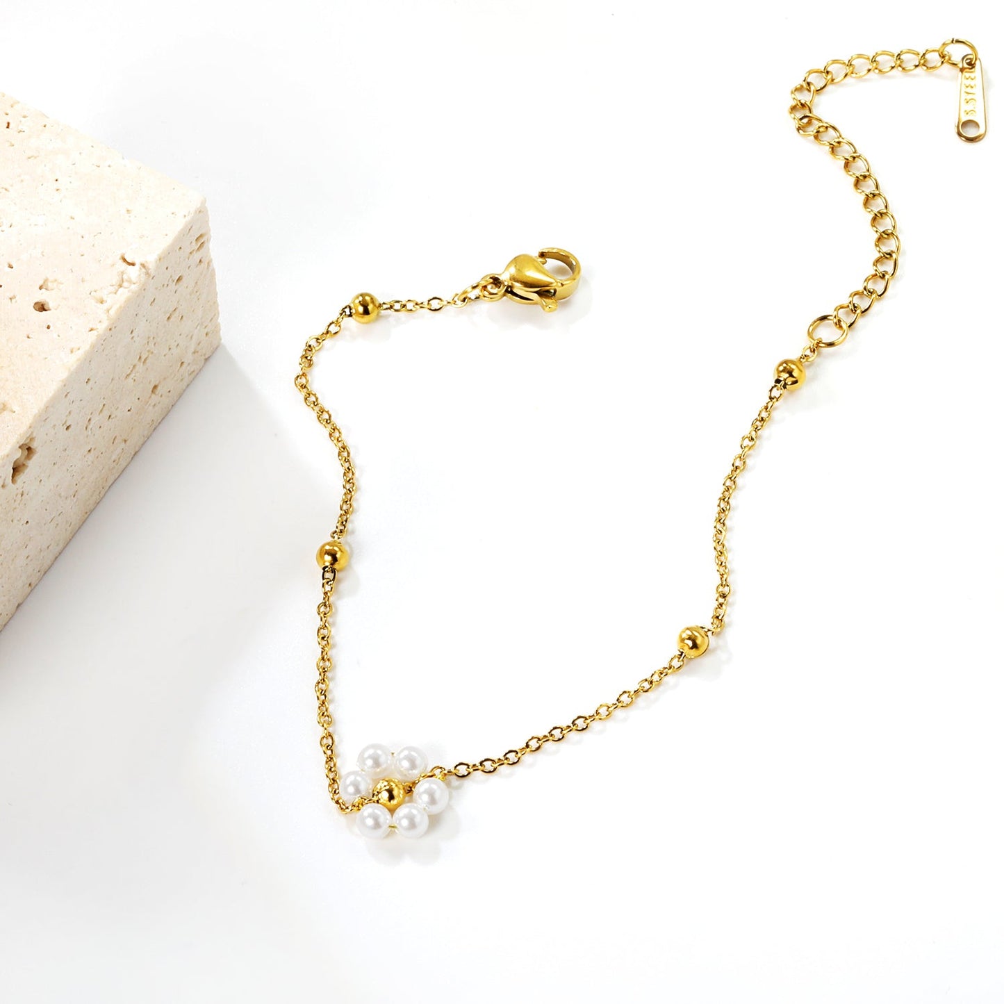 3mm*5 Steel Beads+1 Flower White Pearl Bracelet 16+5cm