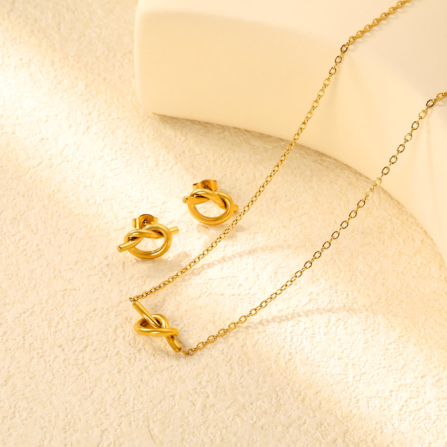 ✨ Dainty Knot Stud Earrings & Necklace Set Wholesale 8.6mm Gold Jewelry | Adjustable 42+5cm Thin Chain | Stainless Steel Bulk