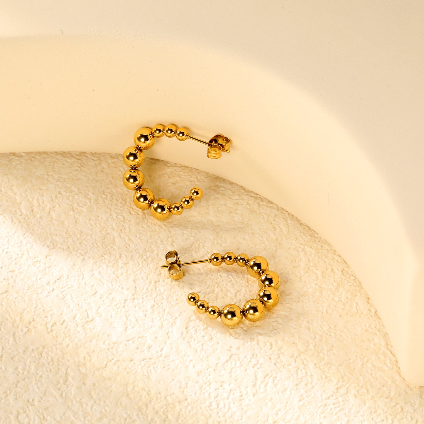 Wholesale Gold Stainless Steel Open Hoop Earrings | 5mm Half-Round Bead Detail | 14.1mm Spring Lever Back | Bulk Fashion Earrings for Retailers