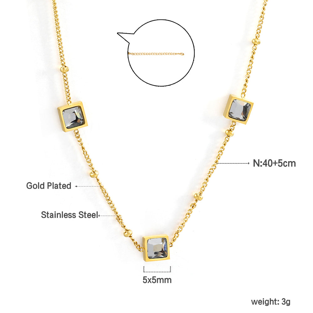 3 square white & red & lake blue & green diamond pendant bead chain necklace 39+5cm gold color