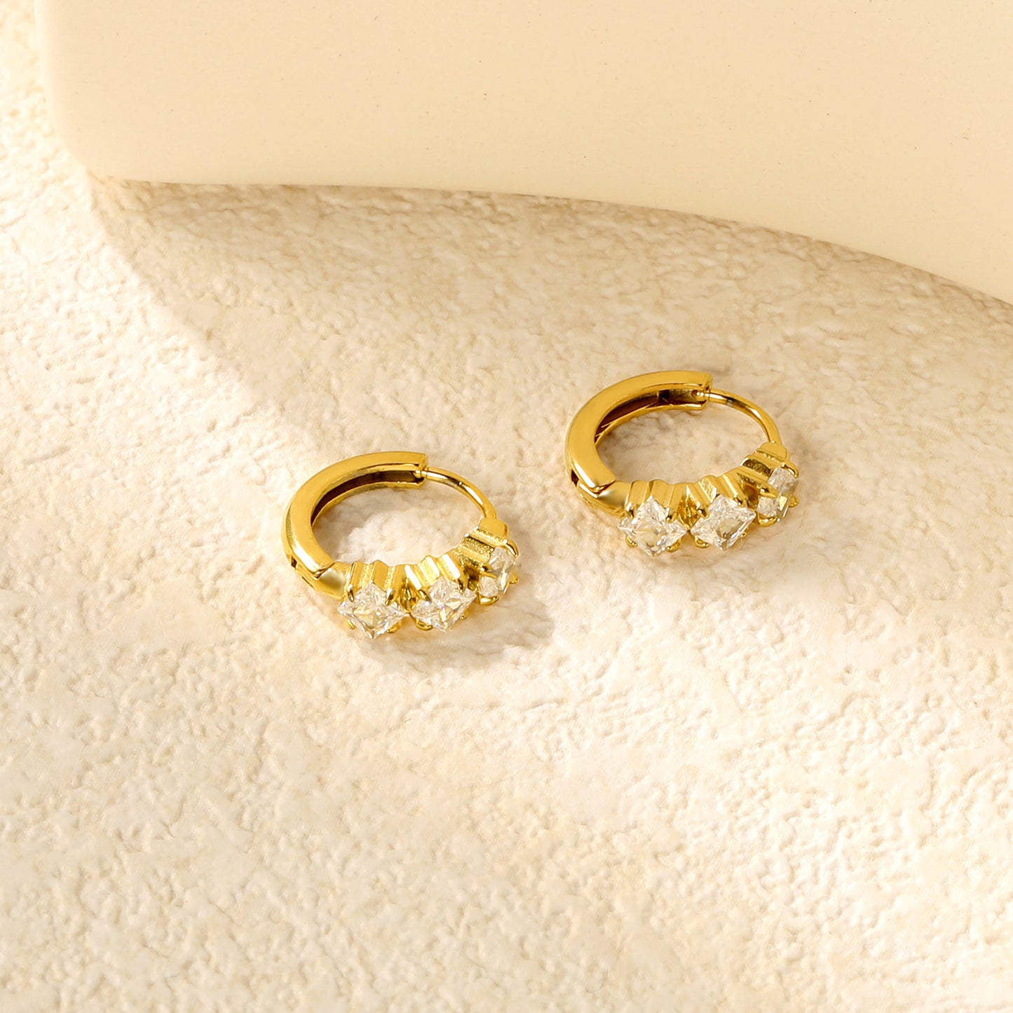 Bulk 4.2x8mm Three Angled Square Zircon Earrings | 2.2mm 10mm Inner Diameter Hook | Gold Plated Stainless Steel Fashion Jewelry