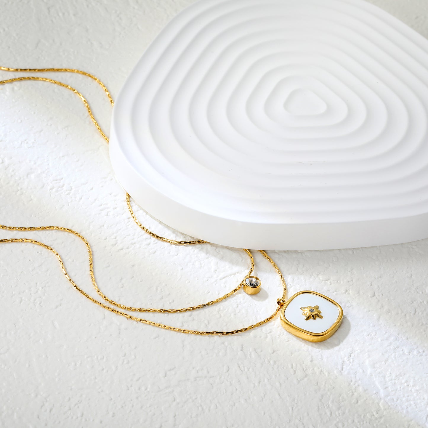 Bulk Double-Layer Gold Necklace Set | 5mm CZ Bar & 16mm Mother-of-Pearl Shell Pendant | 0.9mm Hammered Chains (Adjustable 50+40+5cm)