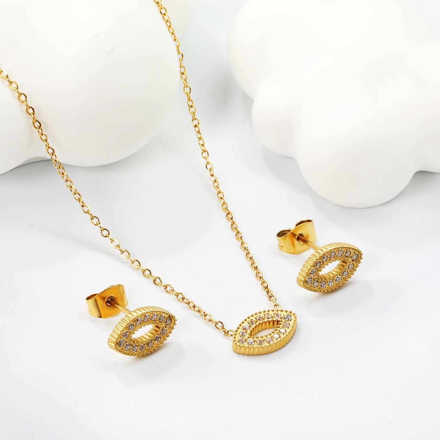 Eye CNC white zirconium accessories Set Steel color / gold 0.3 cross 40+5+6mm round plate Pendant: 11.4*7mm Earring: 11.4*7mm