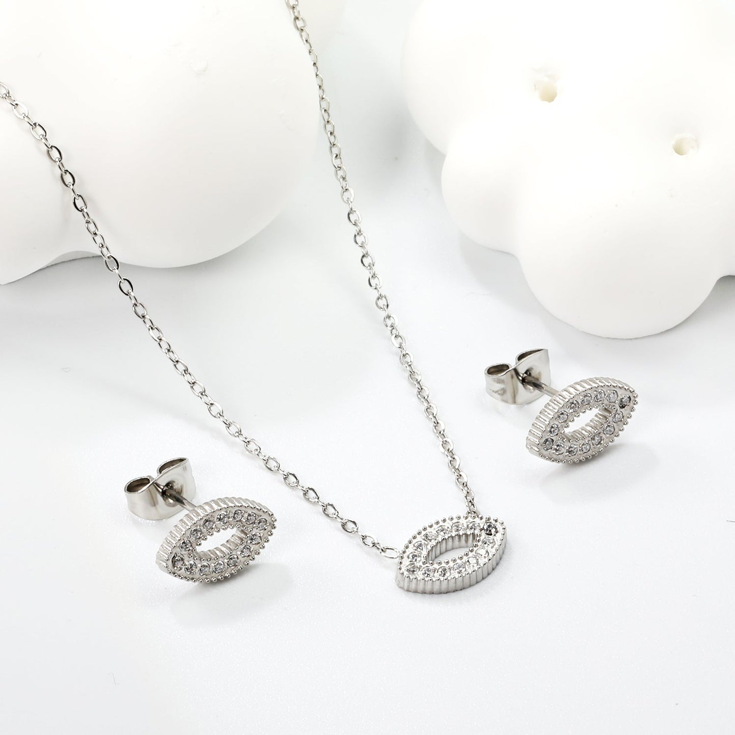 Eye CNC white zirconium accessories Set Steel color / gold 0.3 cross 40+5+6mm round plate Pendant: 11.4*7mm Earring: 11.4*7mm