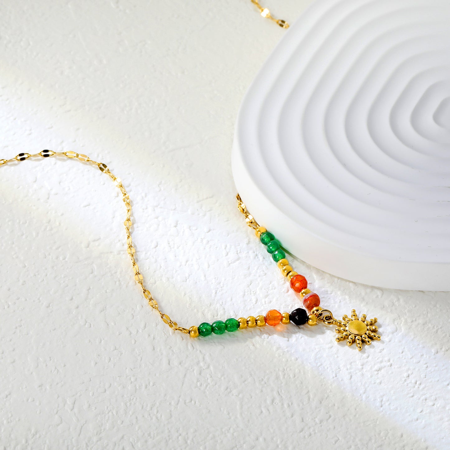 ✨ Boho Beaded Necklace Wholesale 11.2mm Sun Charm + 3mm Spacers | Adjustable 40+5cm Chain | Natural Stone Jewelry