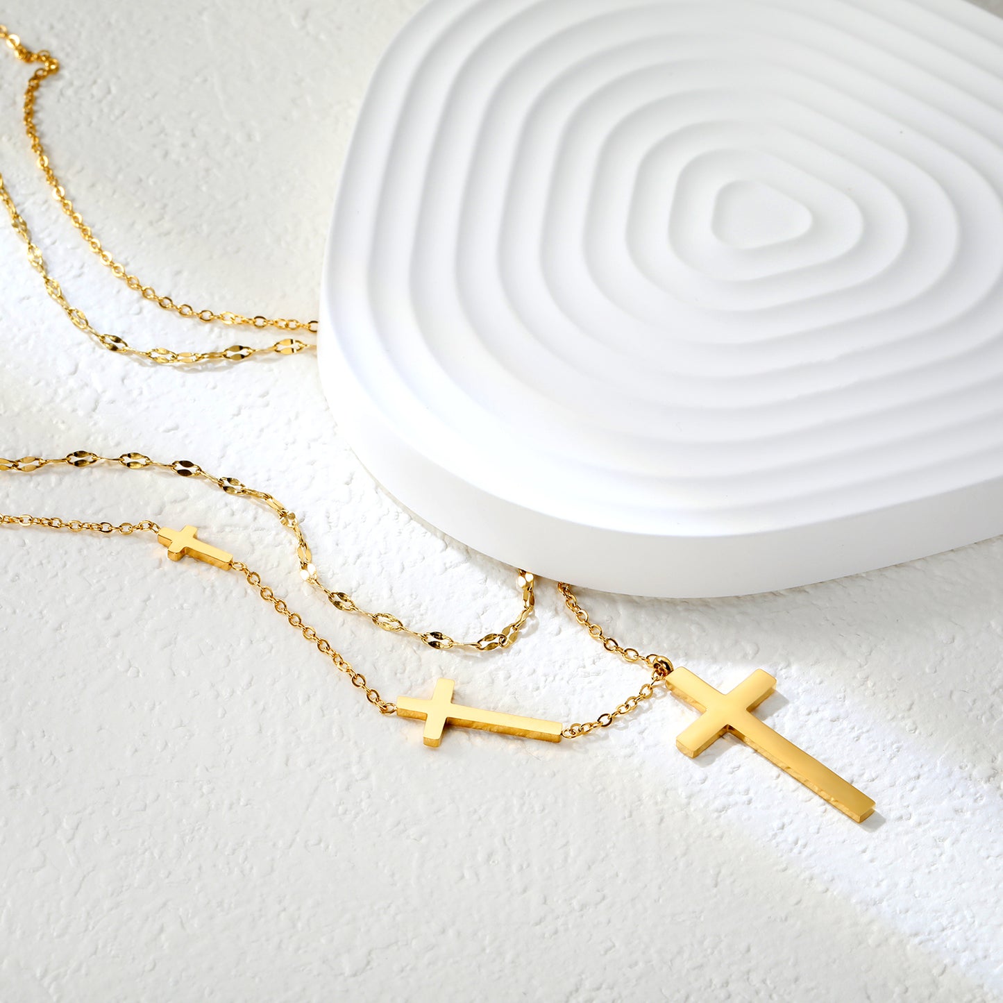 ✨Wholesale Gold Cross Necklace Set 3-Piece Layered (5-31.3mm) + 18.8mm Crucifix | 40+5cm & 45+5cm Chains | Stainless Steel Bulk