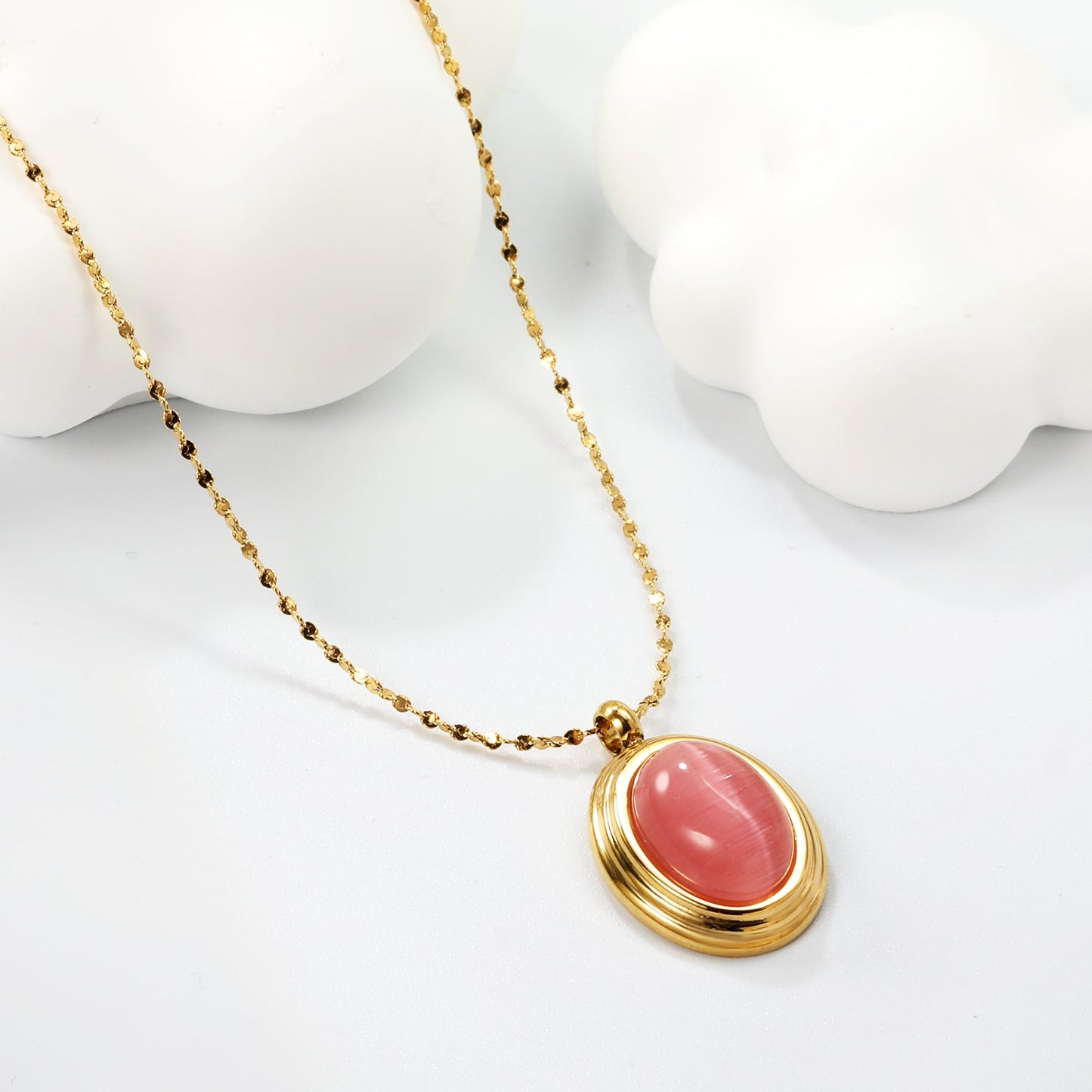 14*17mm oval with white/rose cat's eye/tiger's eye pendant 40+5cm+6mm round necklace gold color
