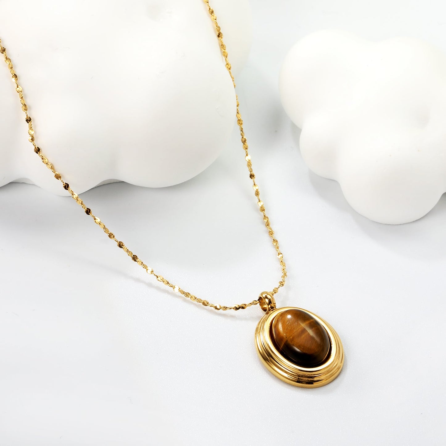 14*17mm oval with white/rose cat's eye/tiger's eye pendant 40+5cm+6mm round necklace gold color