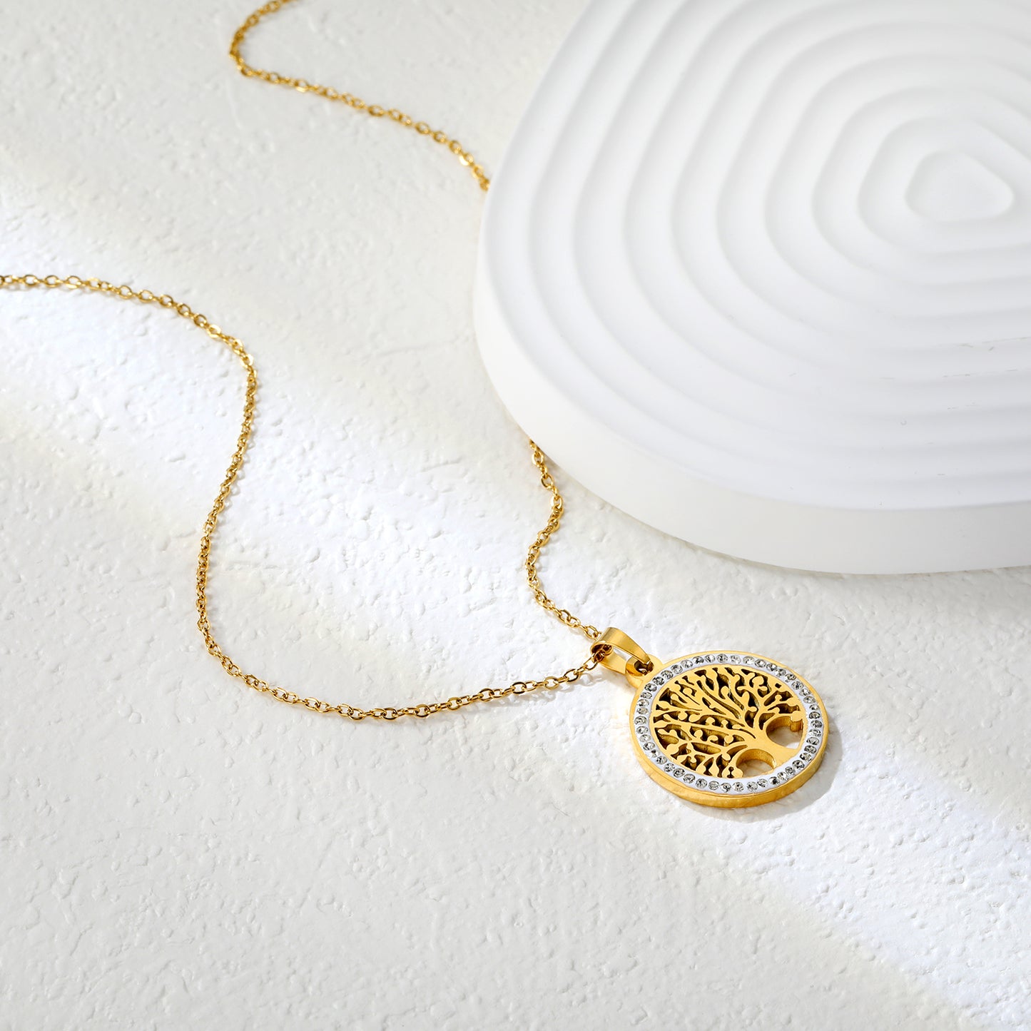 ✨ Wholesale Tree of Life Pendant Necklace - 21.9mm Hollow Circle w/ White Zircon | 40+5cm Stainless Steel Chain (5g)