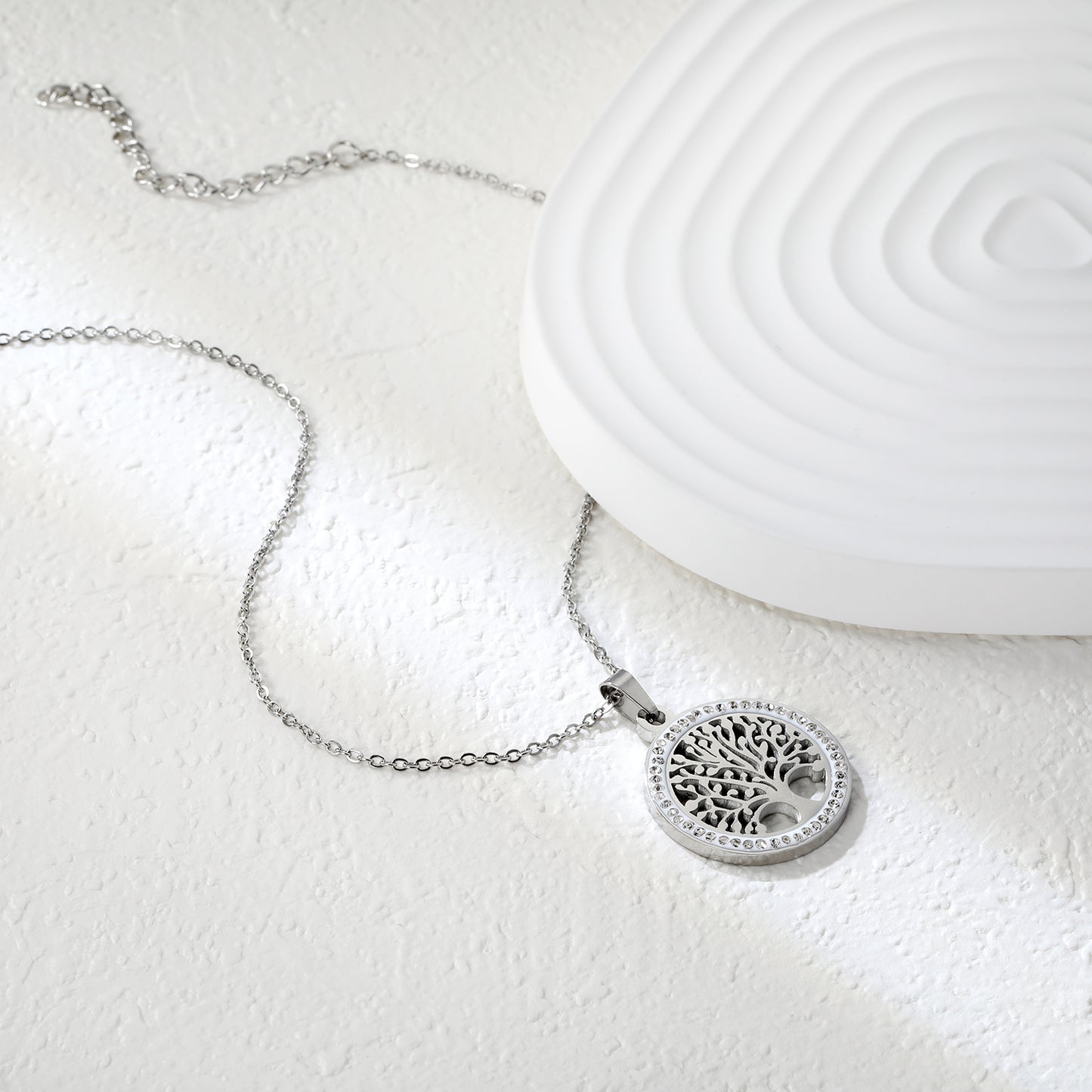 ✨ Wholesale Tree of Life Pendant Necklace - 21.9mm Hollow Circle w/ White Zircon | 40+5cm Stainless Steel Chain (5g)