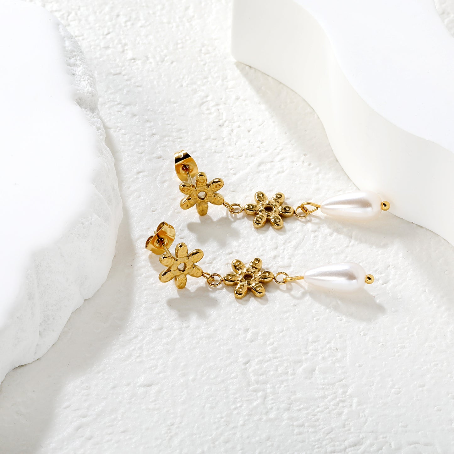 Stainless Steel Flower Earrings with Pearl | Long Dangle Earrings for Women | Elegant Floral Jewelry