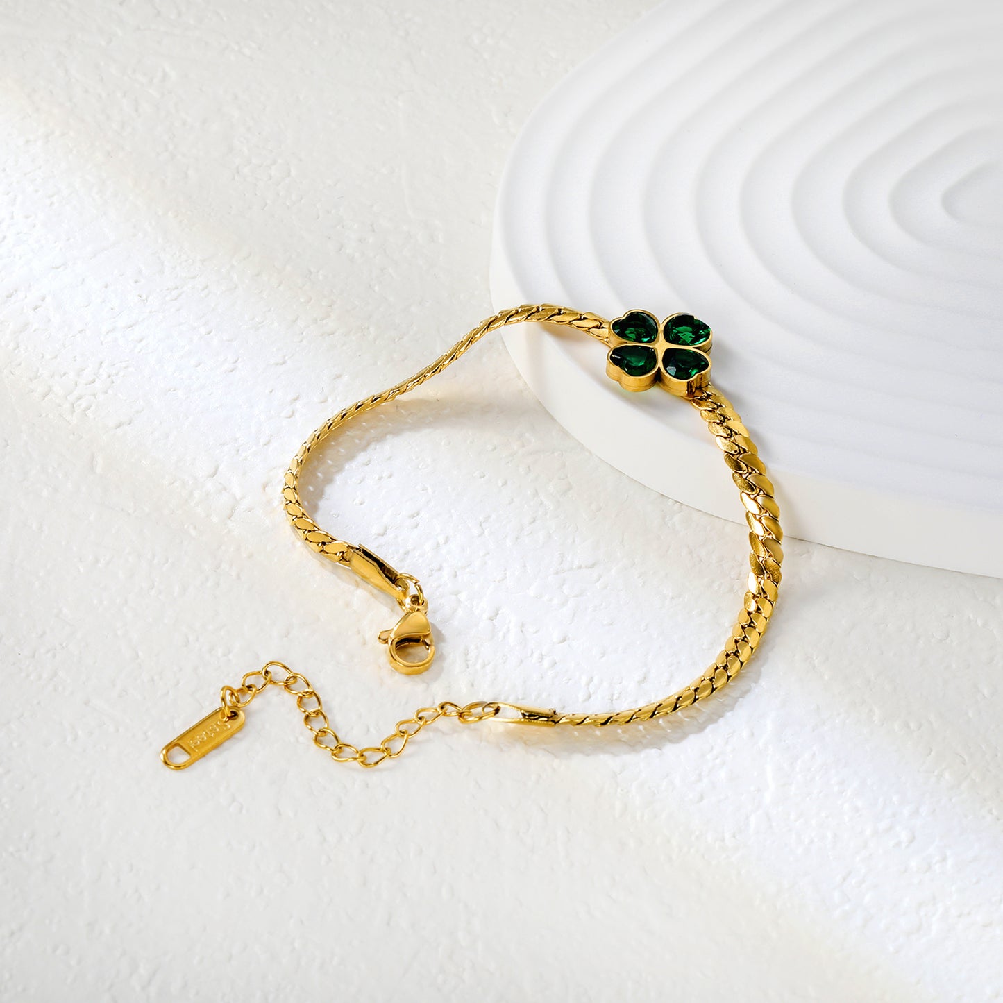✨ Wholesale Clover Green Zircon Bracelet - 13.5mm Stainless Steel w/ Dragon Chain 17+5cm (5.8g)