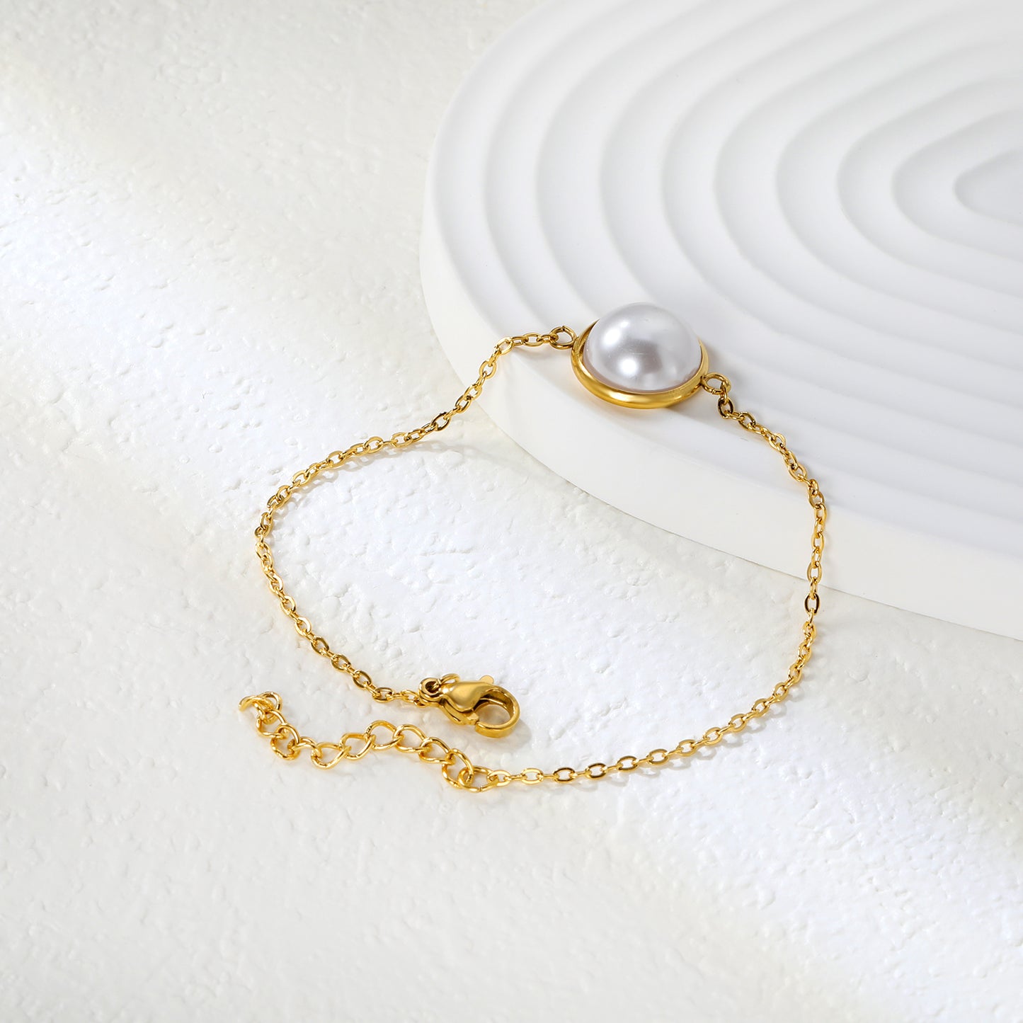 Stainless Steel Steel-Colored 12mm&14mm Round Bracelets with Half Pearl - 16+3cm, Wholesale Offer