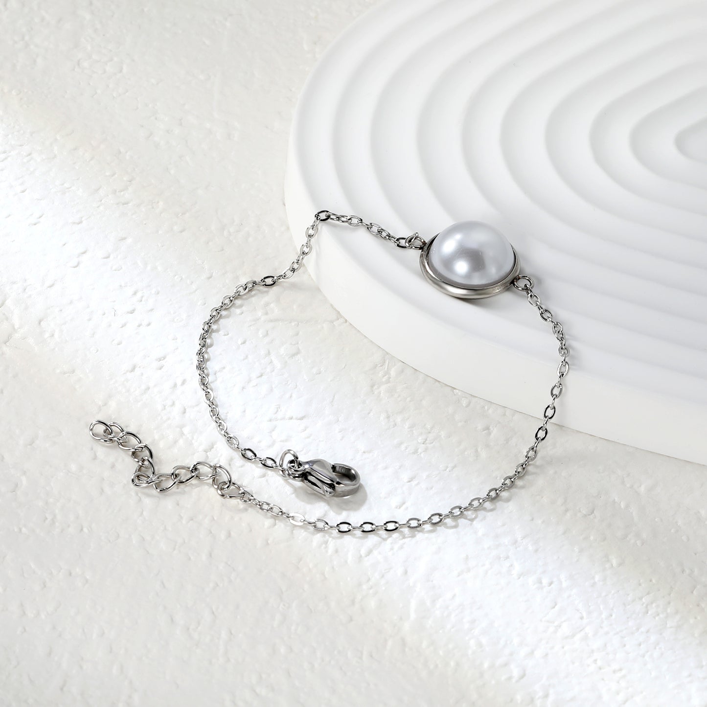 Stainless Steel Steel-Colored 12mm&14mm Round Bracelets with Half Pearl - 16+3cm, Wholesale Offer
