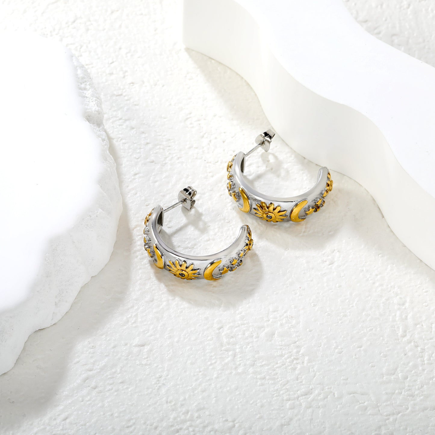 Wholesale C-Shape Celestial Earrings | Two-Tone Moon Star Sun Earrings with Crystals | Bulk Stainless Steel Jewelry