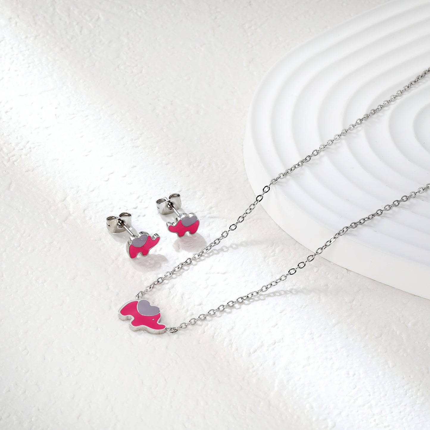 8.6x6.4mm Pink Enamel Elephant Stud Earrings + 12.2x9mm Pendant Set - 0.3mm Chain (45+5cm) & 6mm Round Tag - Stainless Steel Wholesale Jewelry